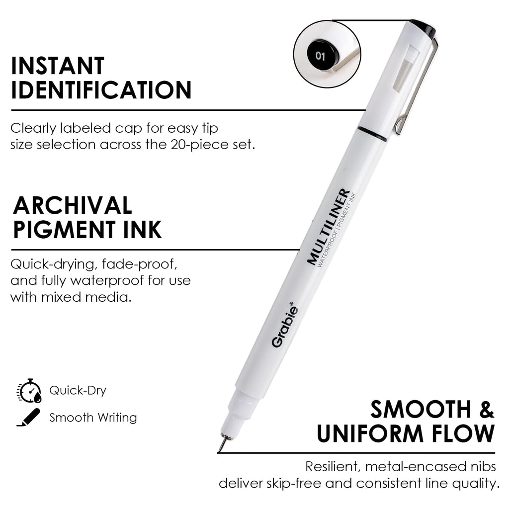 Grabie Micro Fineliner Pens, 10 Multicolor Waterproof Drawing Pens