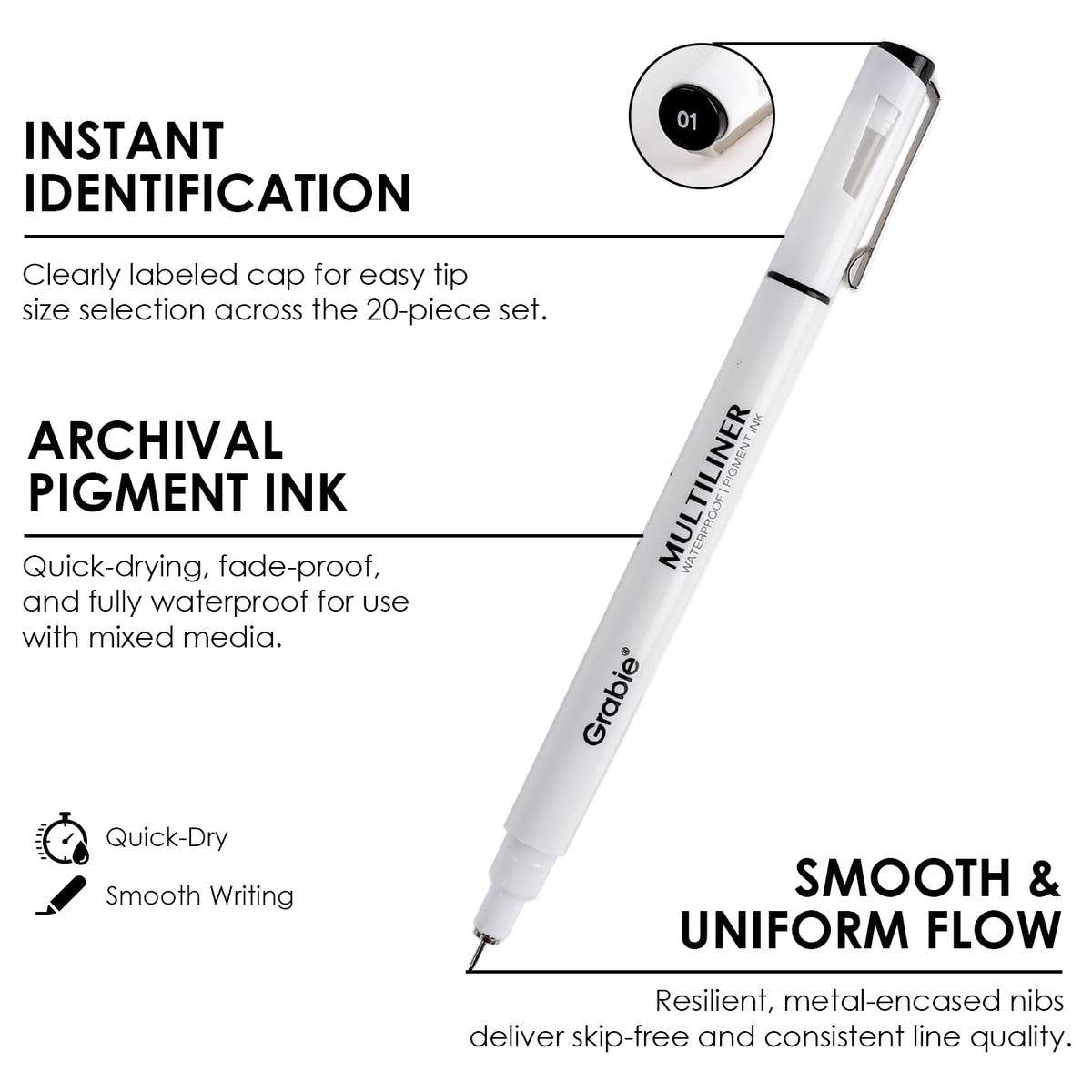 Grabie Micro Fineliner Pens, 10 Multicolor Waterproof Drawing Pens