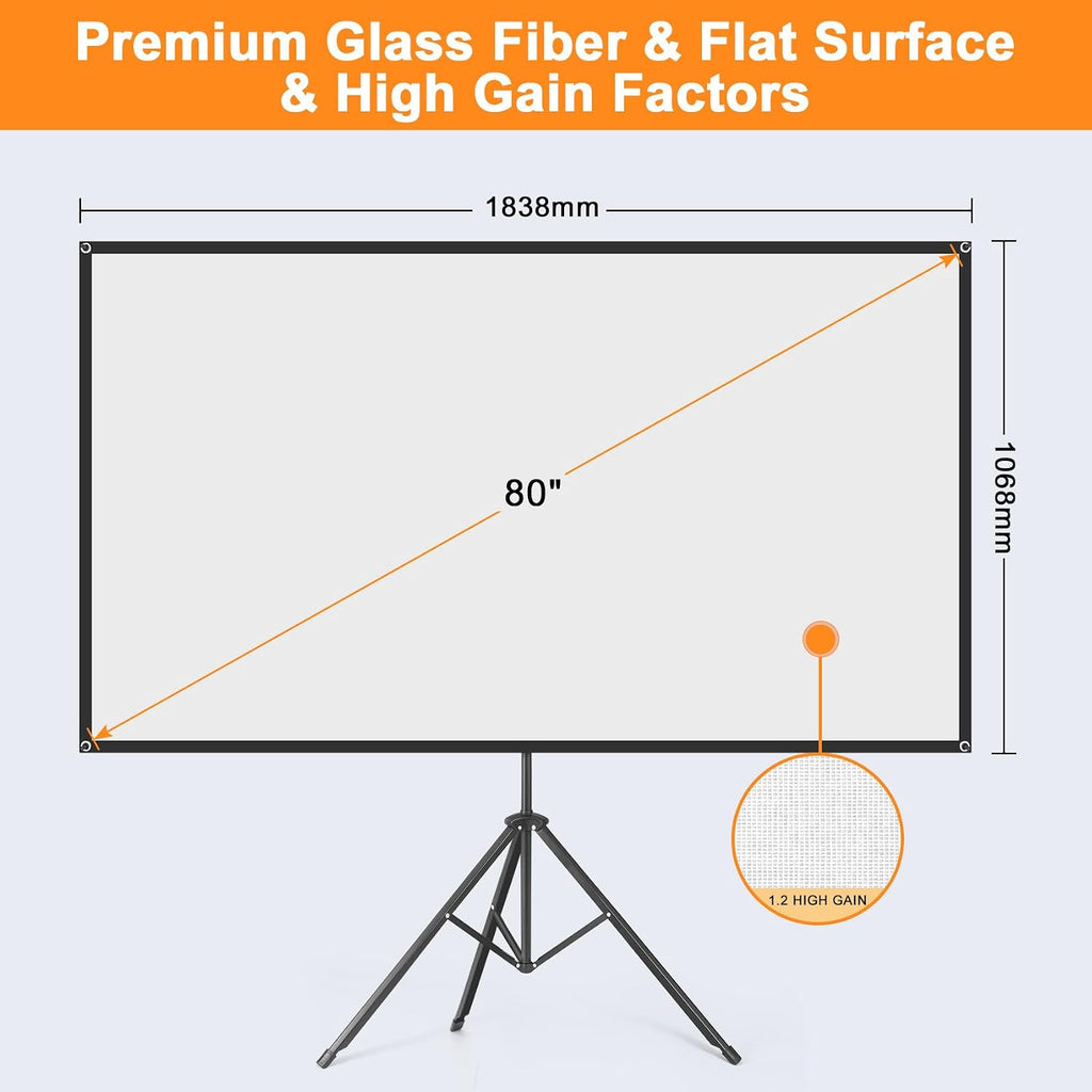 Projector Screen with Stand, 80 Inch Portable Projector Screen Outdoor Indoor, 1.2 Gain Fiberglass Projection Screen, 16:9 Outdoor Movie PVC Screen with Carrying Bag for Movie Night(White Screen)
