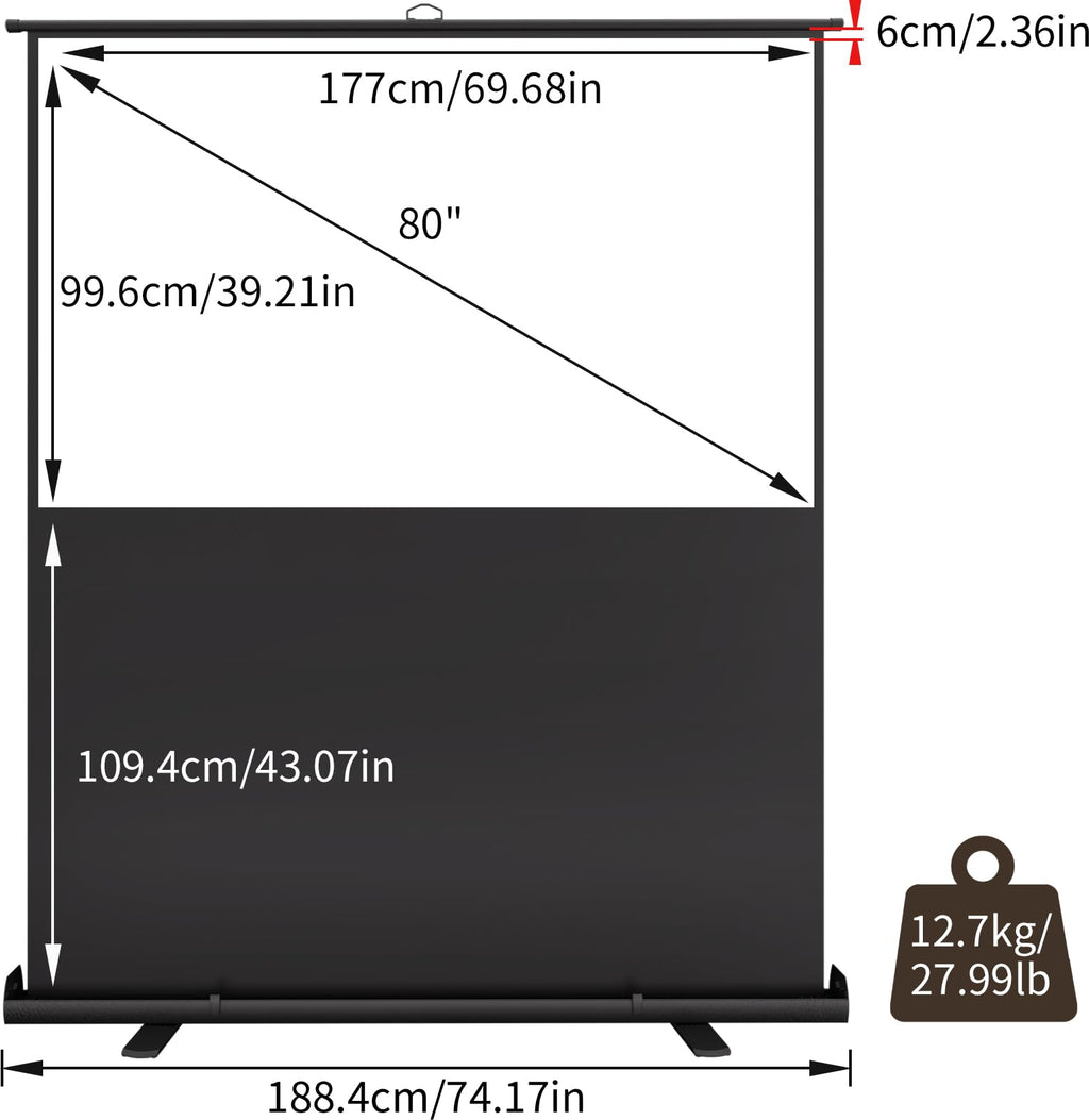 Projector Screen with Stand, 80 Inch Portable Projector Screen Outdoor Indoor, 1.2 Gain Fiberglass Projection Screen, 16:9 Outdoor Movie PVC Screen with Carrying Bag for Movie Night(White Screen)