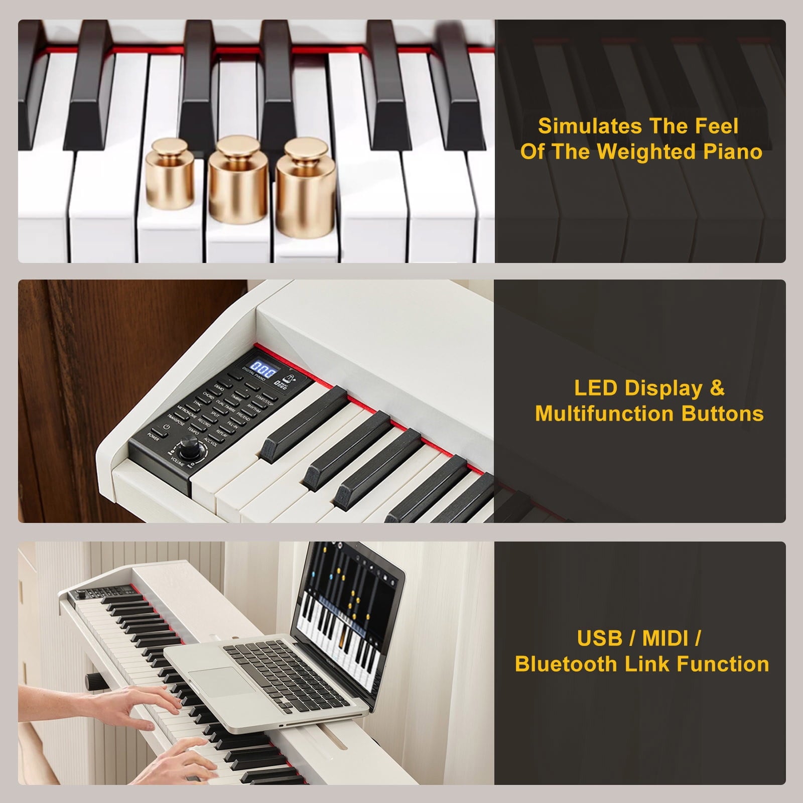 White 88Keys Semi Weighted Electric Digital Piano w/3-Pedal,USB/MIDI,S