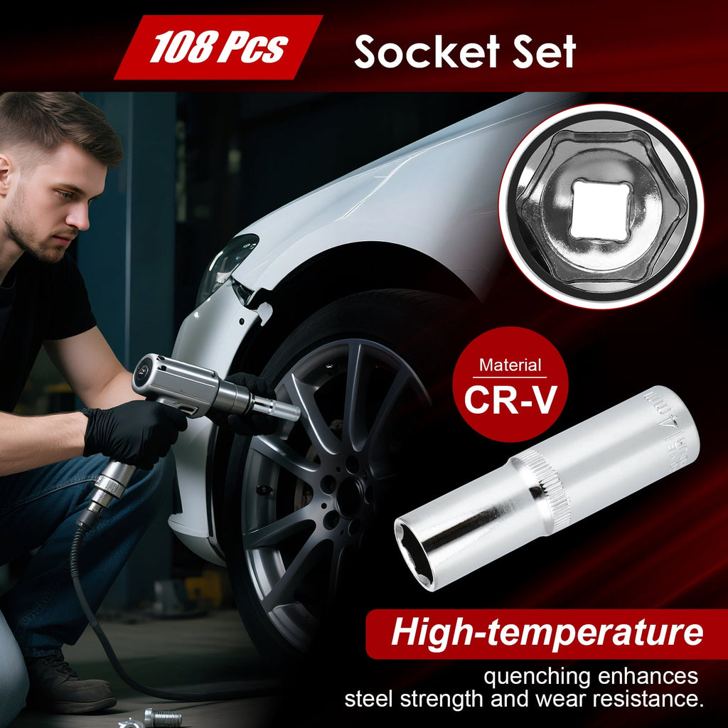 TLGREEN 108 Pcs Mechanic Socket Tool Kit, CR-V Steel Metric and Standa
