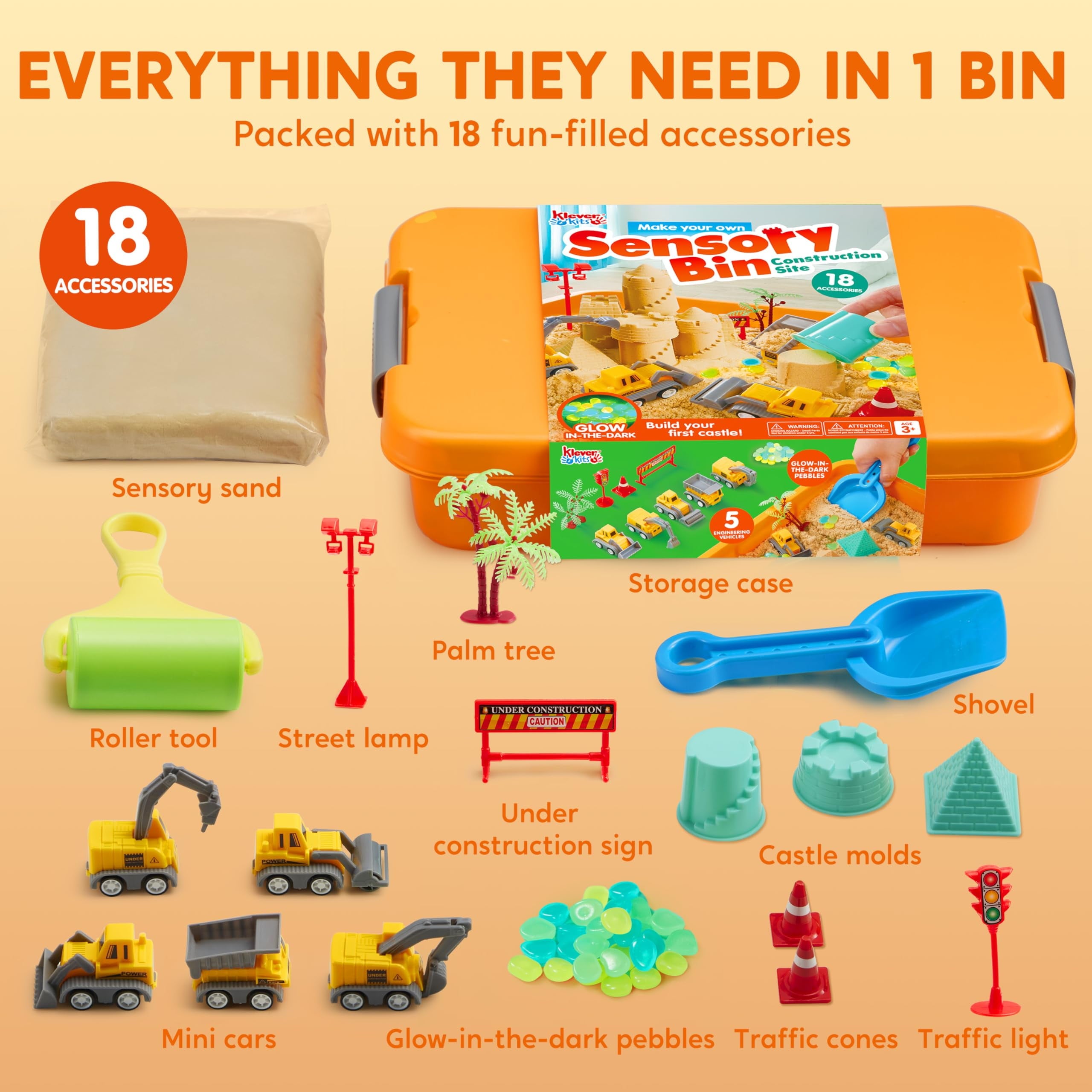 Construction Sensory Bin with Glow-in-The-Dark Stones