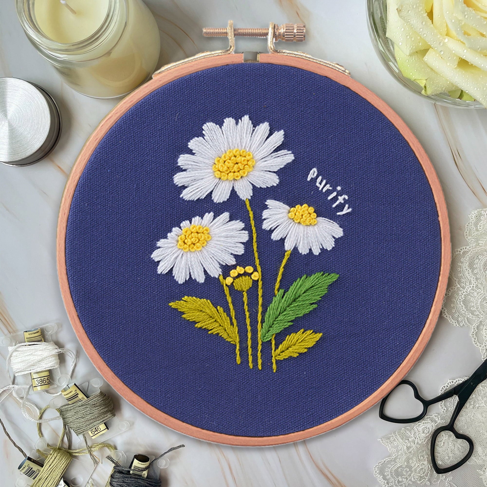 Blingpainting Floral Embroidery Kit for Beginners , Daisy Plant Patter