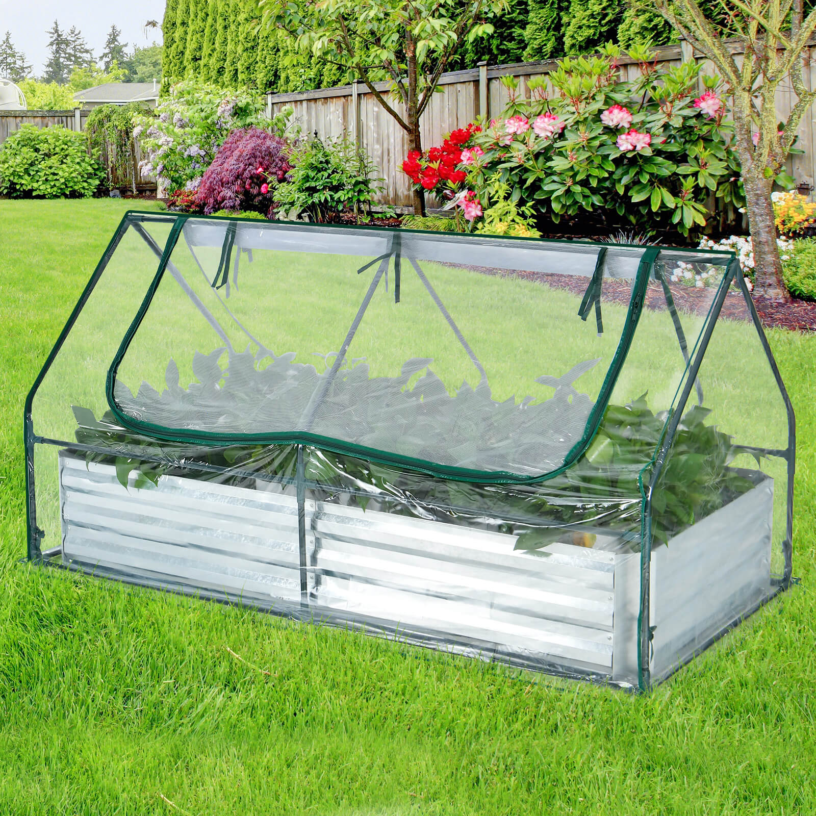 6 x 3 x 3 Feet Galvanized Raised Garden Bed with Greenhouse