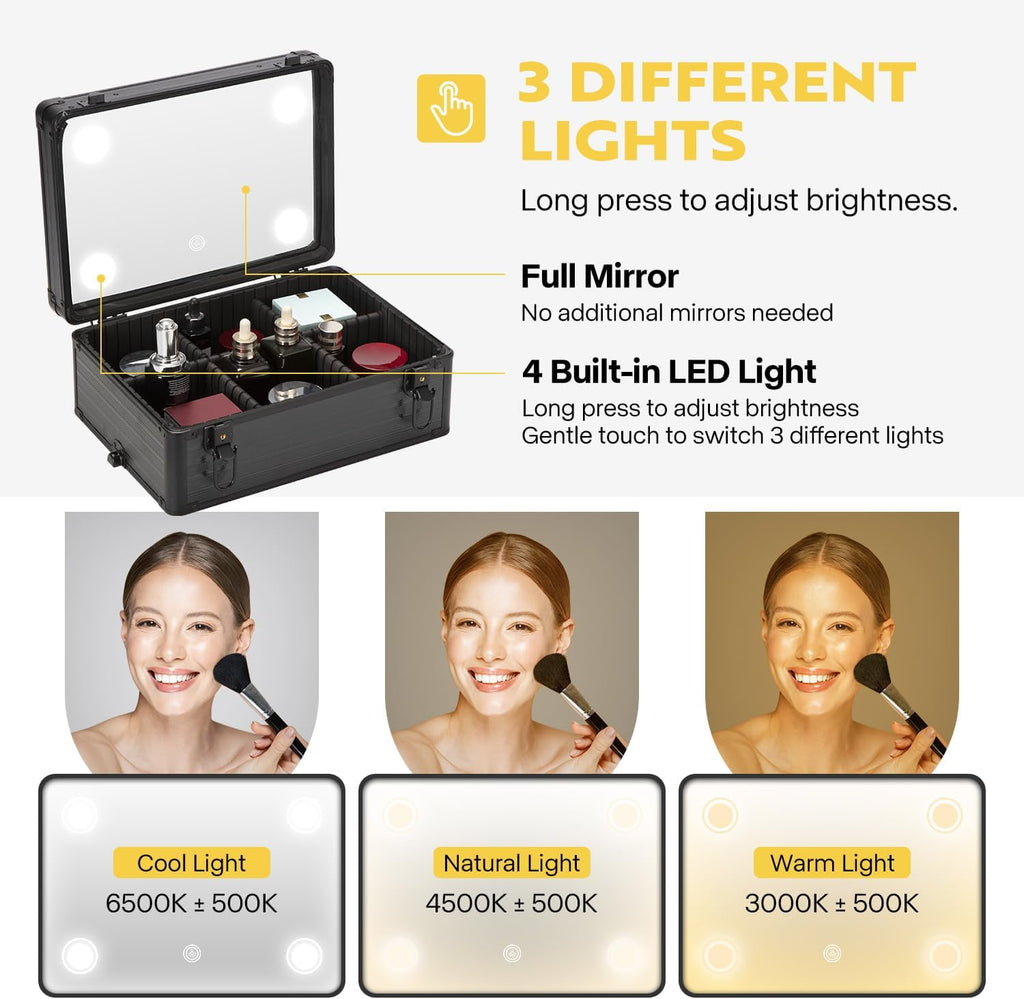 SPECSTAR 4 in 1 Rolling Makeup Train Case with Mirror of LED Lighted 3