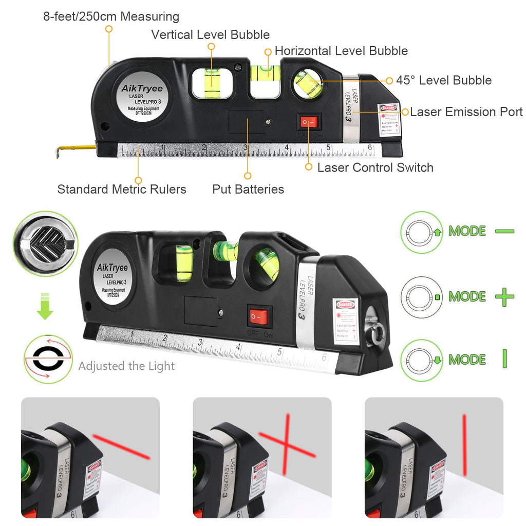 AikTryee Multipurpose Laser Level, ABS Construction, with Metric Scale