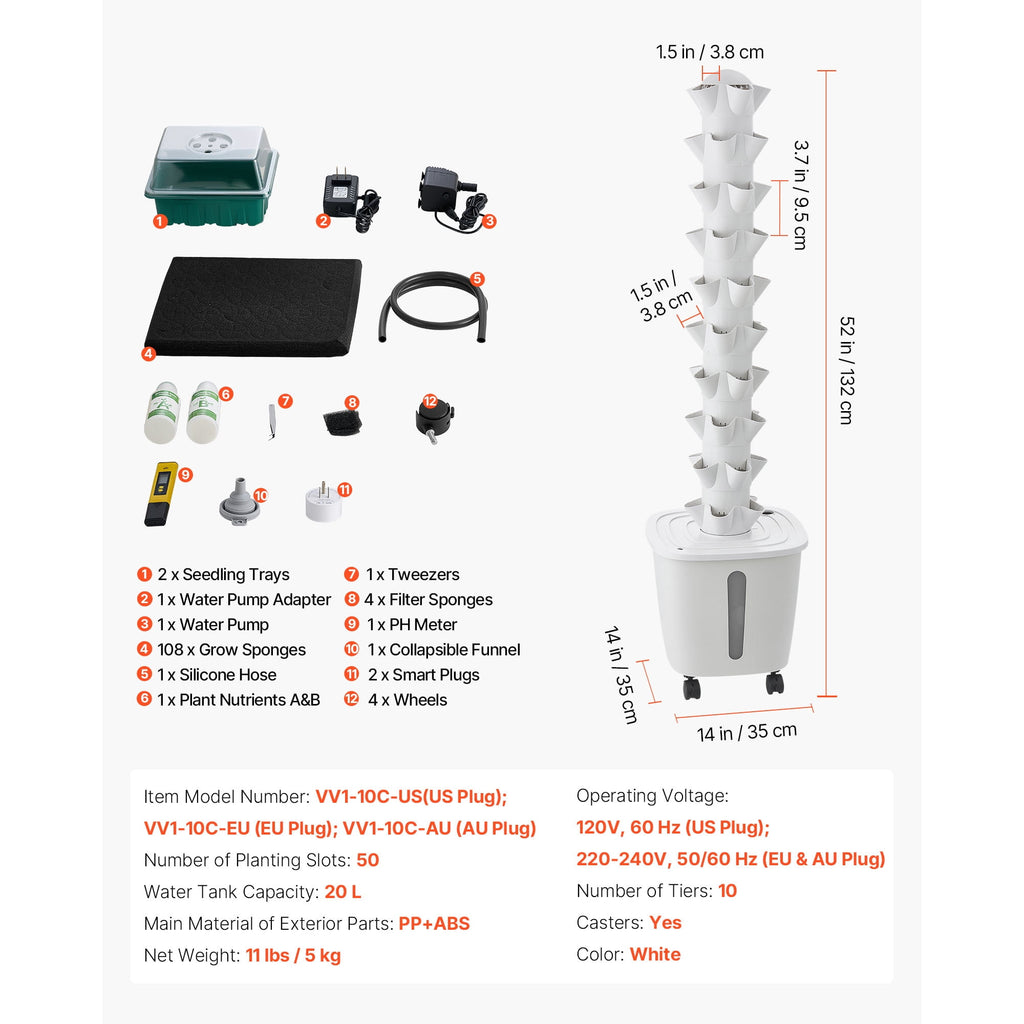 KFFKFF Hydroponic Tower System, 50 Pods 10-Tier Vertical Growing Kit w