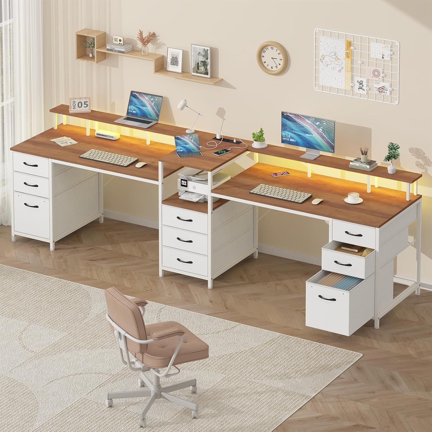 Brown White Two Person Computer Desk Monitor Stand Plus