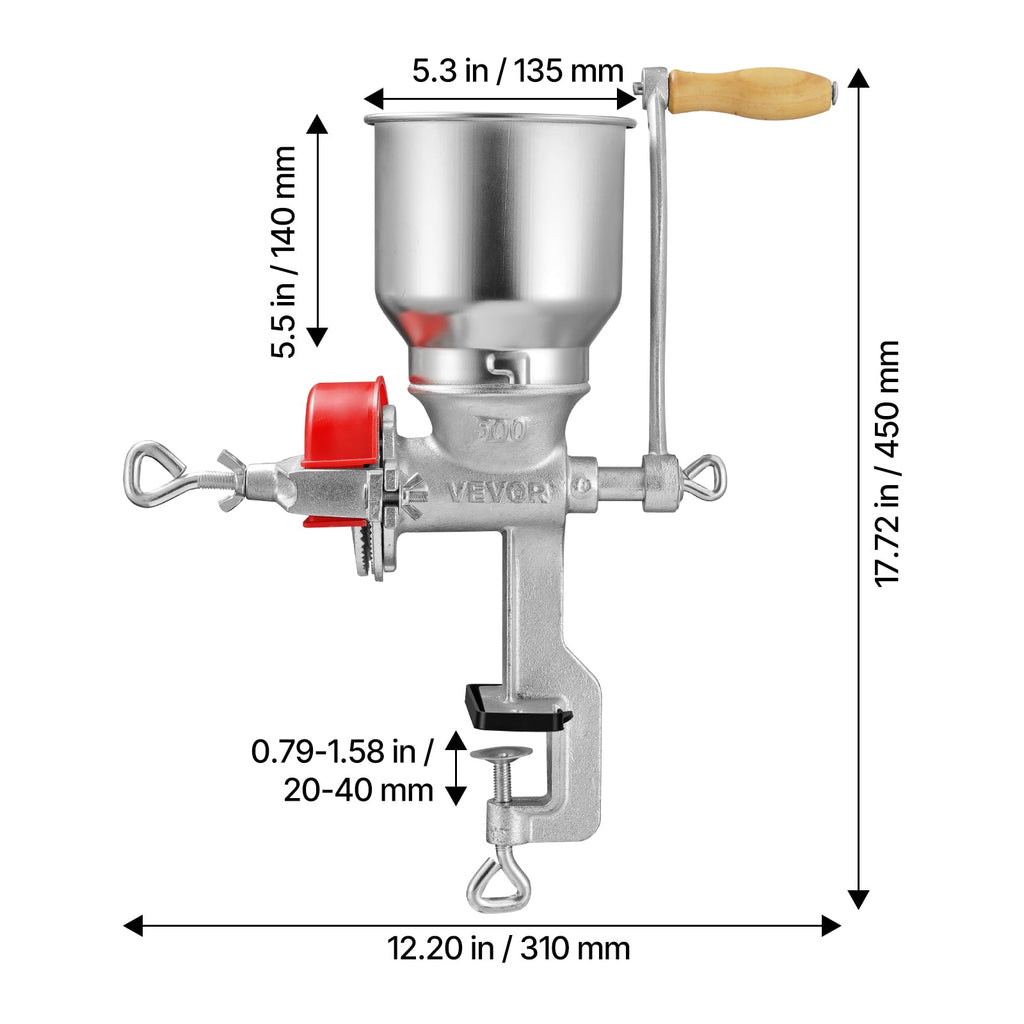 VEVOR Manual Grain Mill with High Hopper, Hand-Crank Corn Grinder, Hea