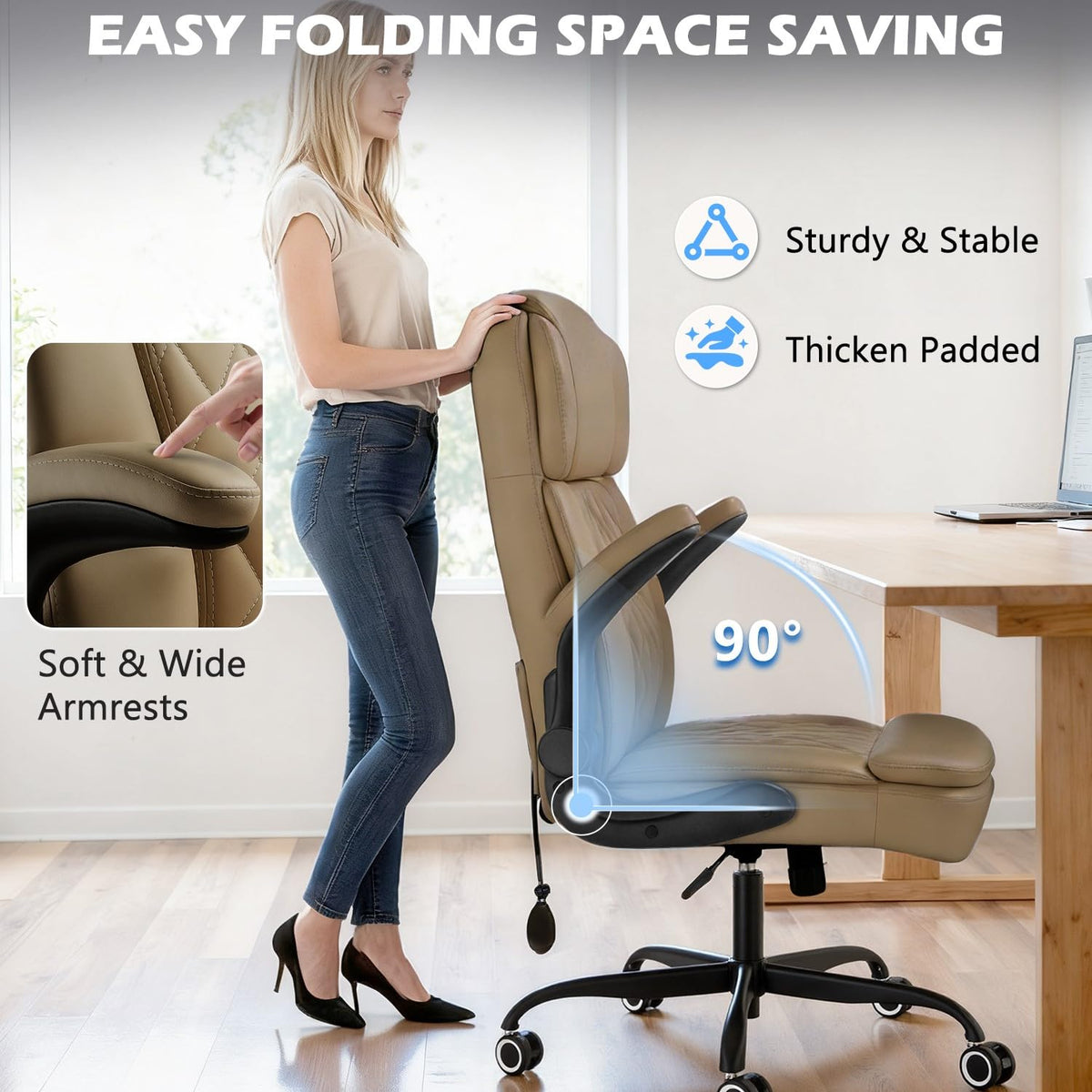 450LBS Big and Tall Executive Office Chair with Flip up Arm, Heavy Duty PU Leather Computer Desk Chair,Comfortable High Back Swivel Home Office Chair with Rolling for Adults,Spring Cushion,Metal Base