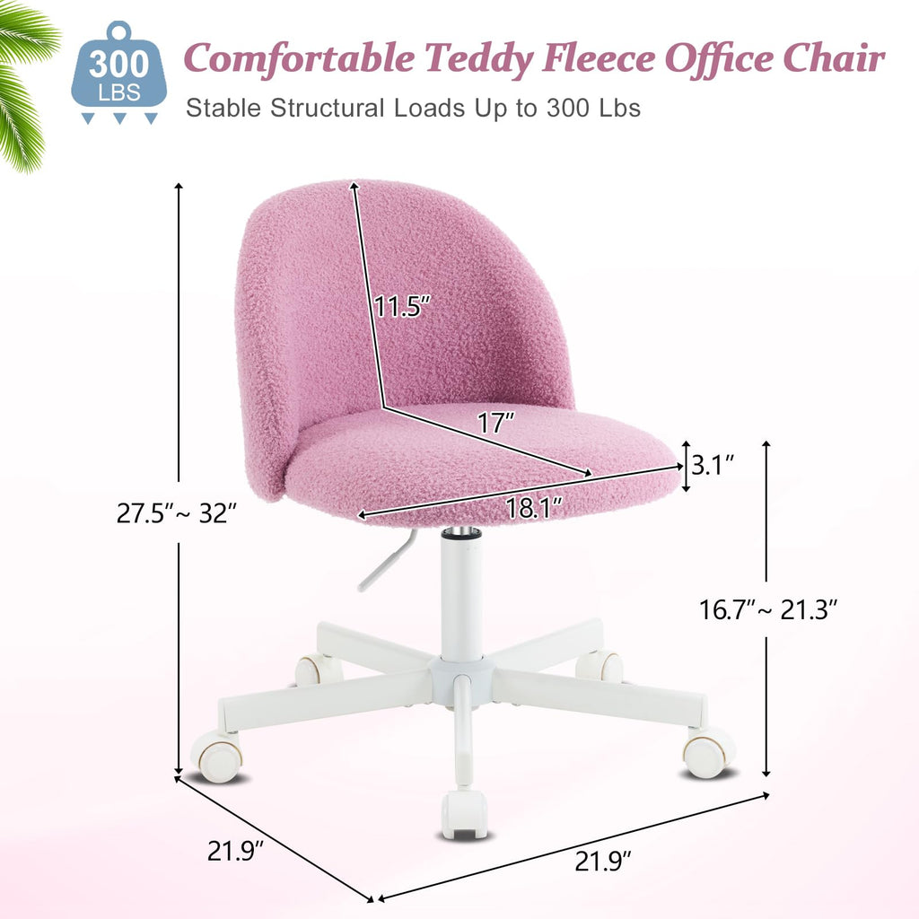 VINGLI Cute Candy Chair Armless Comfy Small Office Desk Vanity Chair with Wheels & Lumbar Support,Teddy Adjustable Rolling Swivel Computer Task Ch for Home Office,Bedroom,Gentle Pink