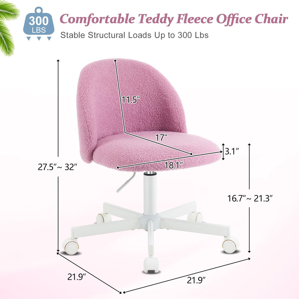 VINGLI Cute Candy Chair Armless Comfy Small Office Desk Vanity Chair with Wheels & Lumbar Support,Teddy Adjustable Rolling Swivel Computer Task Ch for Home Office,Bedroom,Gentle Pink
