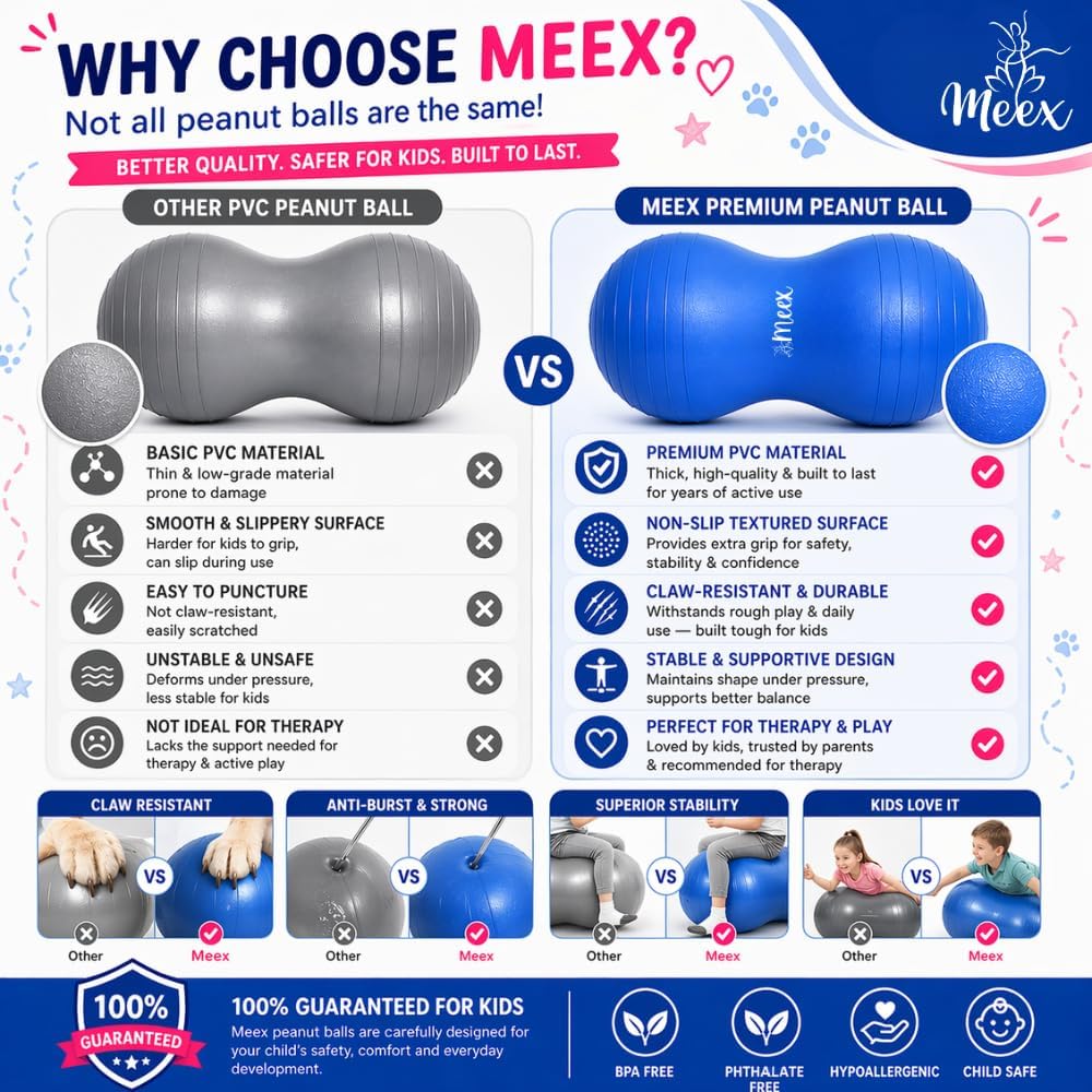 Meex Sensory Peanut Ball for Kids Therapy and Exercise - Enhance Balance, Motor Skills and Physical Therapy Calming Development with Our Yoga Ball - Flexible Seating for Autistic Children