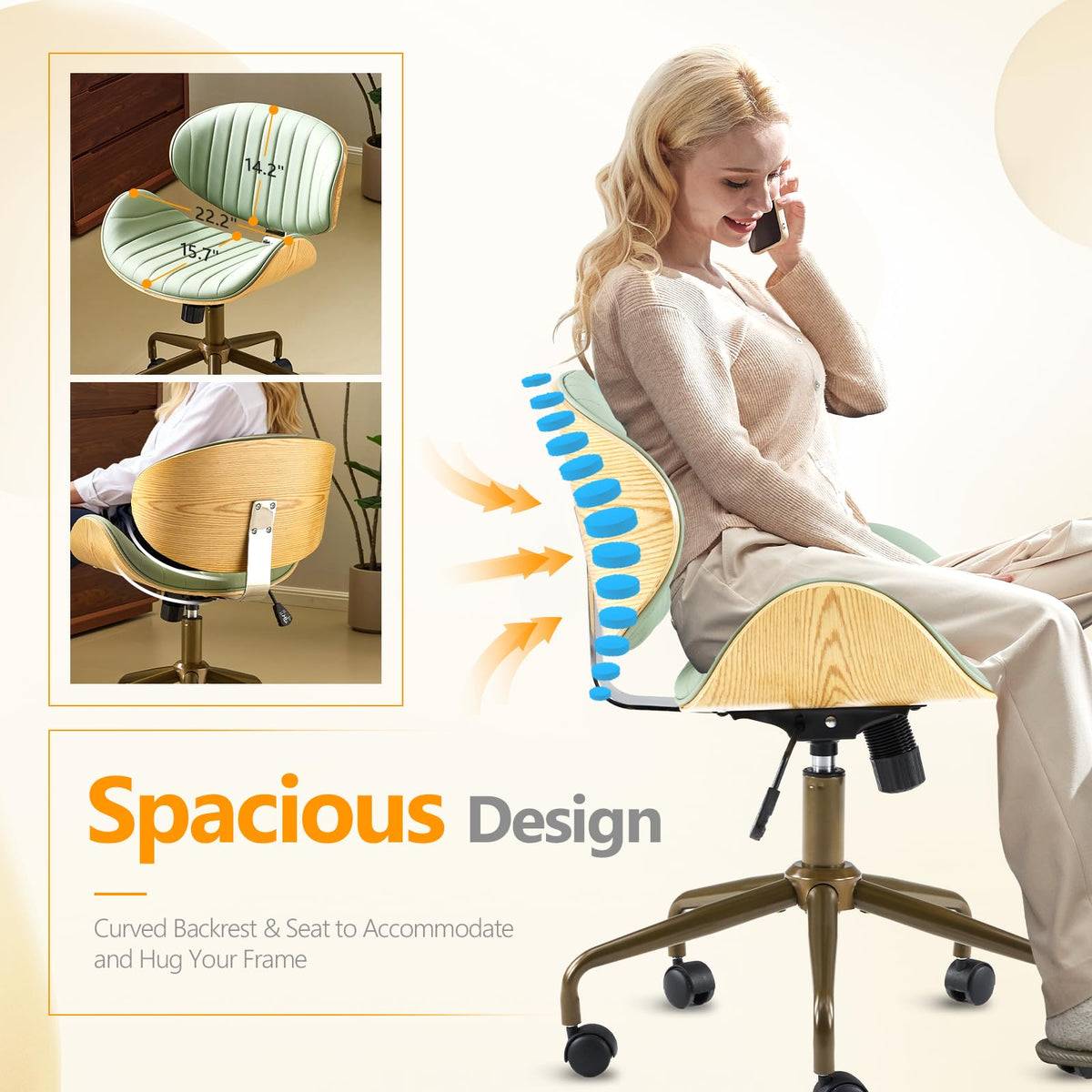 VINGLI Wide Comfotable Swivel Home Office Chair with Wood-Grain Curved Shell,Ergomomic Mid-Back Padded Armless Modern Desk Chair with Wheels,Height Adjustable for Computer,Task,Work,Microfiber,Rustic