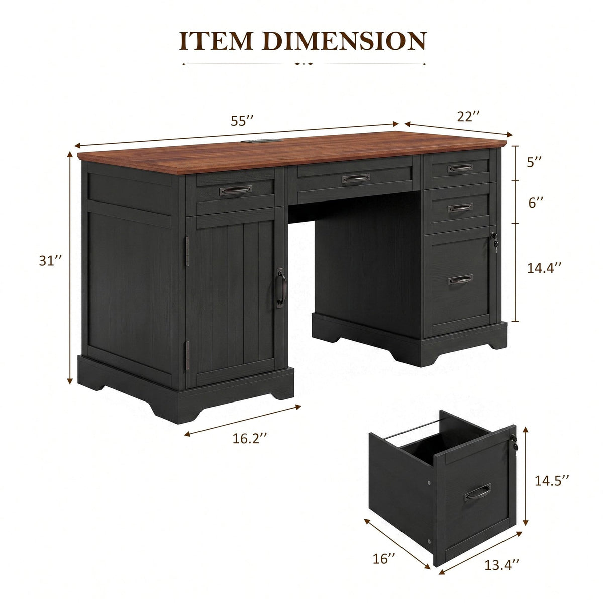 Whalefall: 55" Farmhouse Executive Desk with Drawers & Charging Station