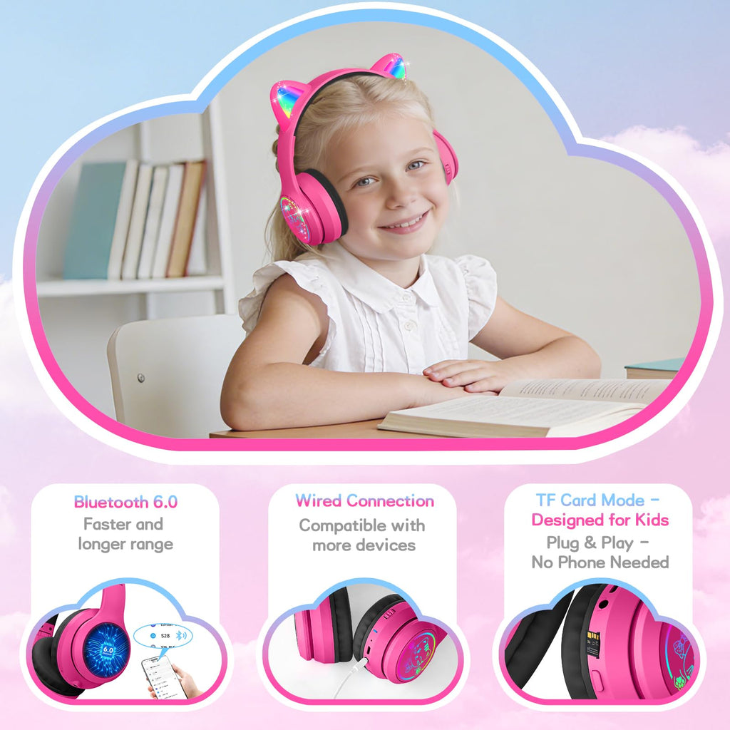 IFECCO Kids Bluetooth Headphones with Case,Cute LED Light Up Cat Ears