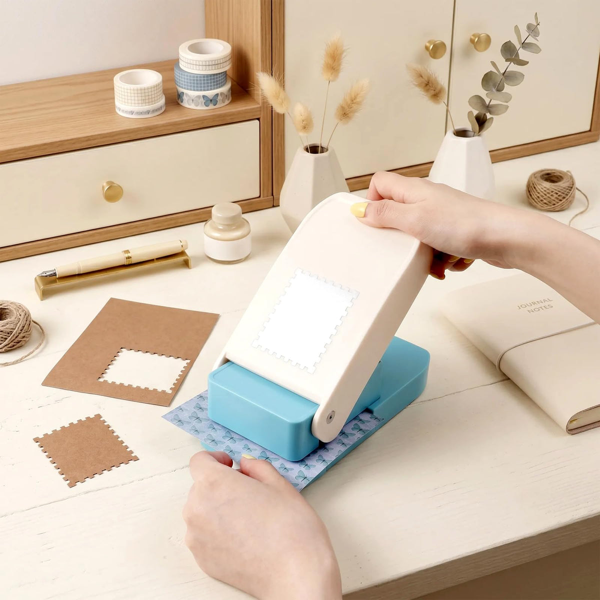 Stamp Puncher 1inch Square Postage Stamp Punch |Stamp Hole Puncher| Scalloped Rectangle Lever Action Paper Punches for Crafting Scrapbooking DIY Card Making Arts Crafts Supplies