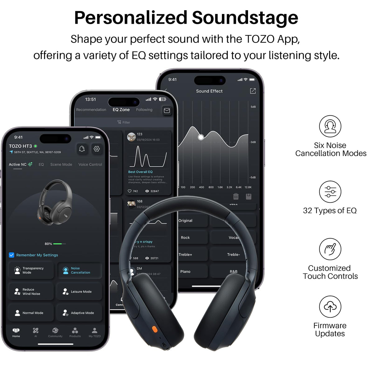 TOZO HT3 Hybrid Noise Cancelling Wireless Headphones, 90H Over Ear Headset