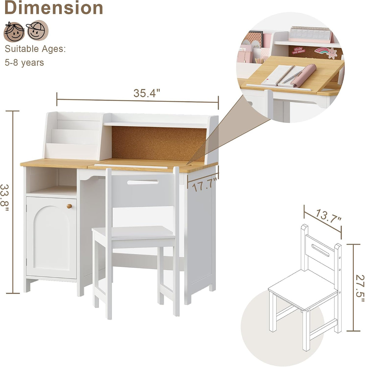 Treocho Kids Study Desk and Chair Set with Tiltable Desktop for 3-8 Years