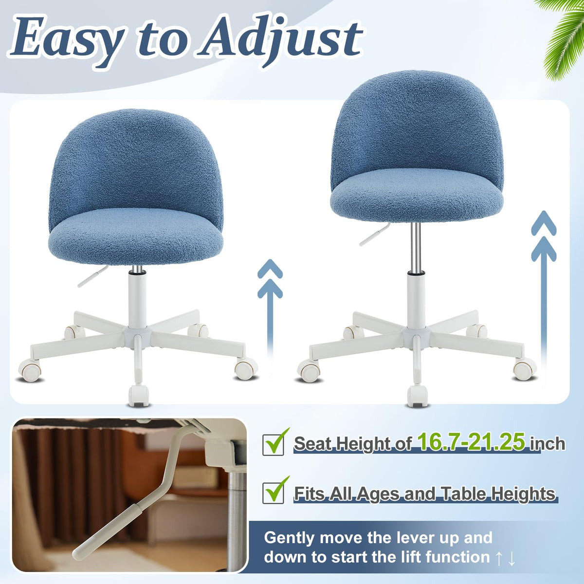 VINGLI Cute Candy Chair Armless Comfy Small Office Desk Vanity Chair with Wheels & Lumbar Support,Teddy Adjustable Rolling Swivel Computer Task Ch for Home Office,Bedroom,Gentle Pink