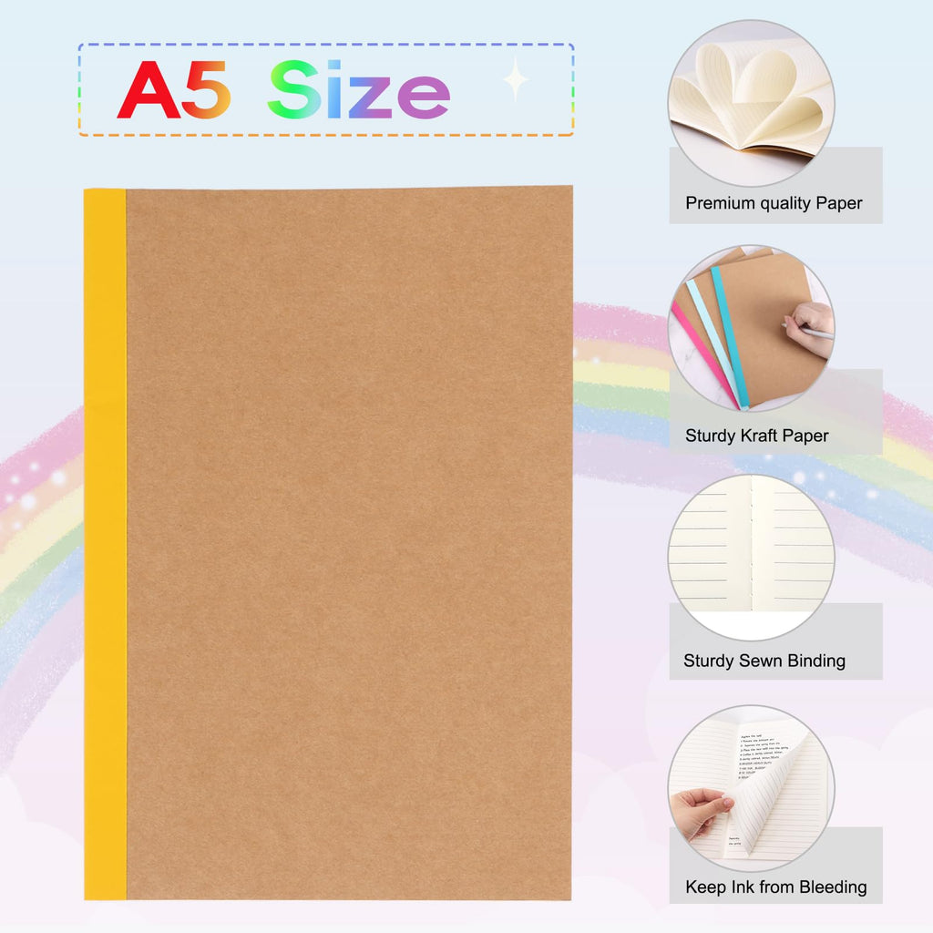 EOOUT 5 Pack A5 Composition Notebook, Kraft Lined Journal Bulk with Rainbow Spine, 5 Colors, 60 Pages for Women Girls Kids, School Office Supplies