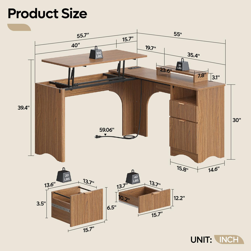 Bestier: 55" L-Shaped Student Study Desk with Manual Lift Top, USB Charging & File Drawer