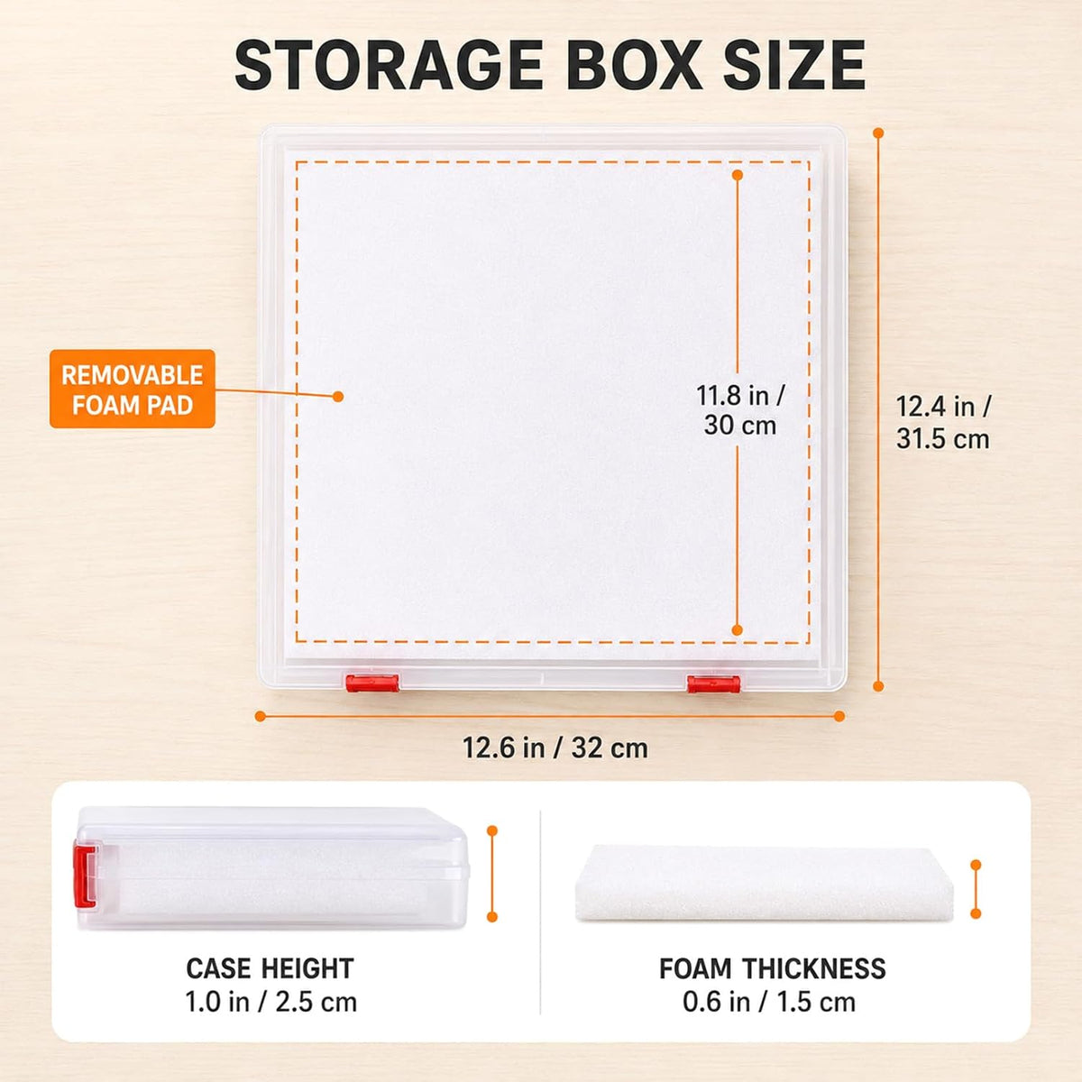 TOSGN 2 Pack Fuse Bead Storage Box, Clear Plastic Project Case with Removable Foam Pads and Secure Snap Latches, 12.6 x 12.4 x 1 in Craft Storage Organizer for Unfinished Bead Art and Pegboards