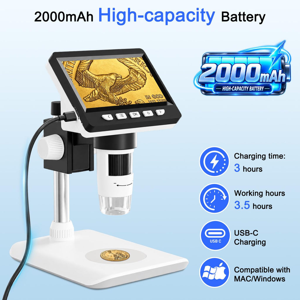 4.3" Digital Microscope for Adults, SKYEAR Coin Microscope 1000X Magnification with 8 Ajustable LED Fill Lights, USB Microscope for Windows/MacOS, Coin Collection Supplies-Black