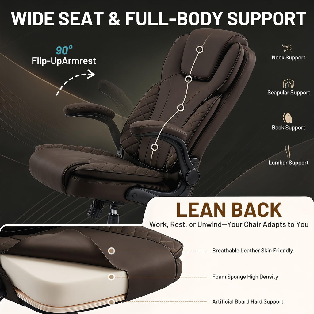 Ergonomic Office Chair, PU Leather High Back Executive Chair with Adjustable Inflatable Lumbar Support and Padded Flip-Up Arms, Recline Swivel Task Computer Chair for Home Office, Khaki