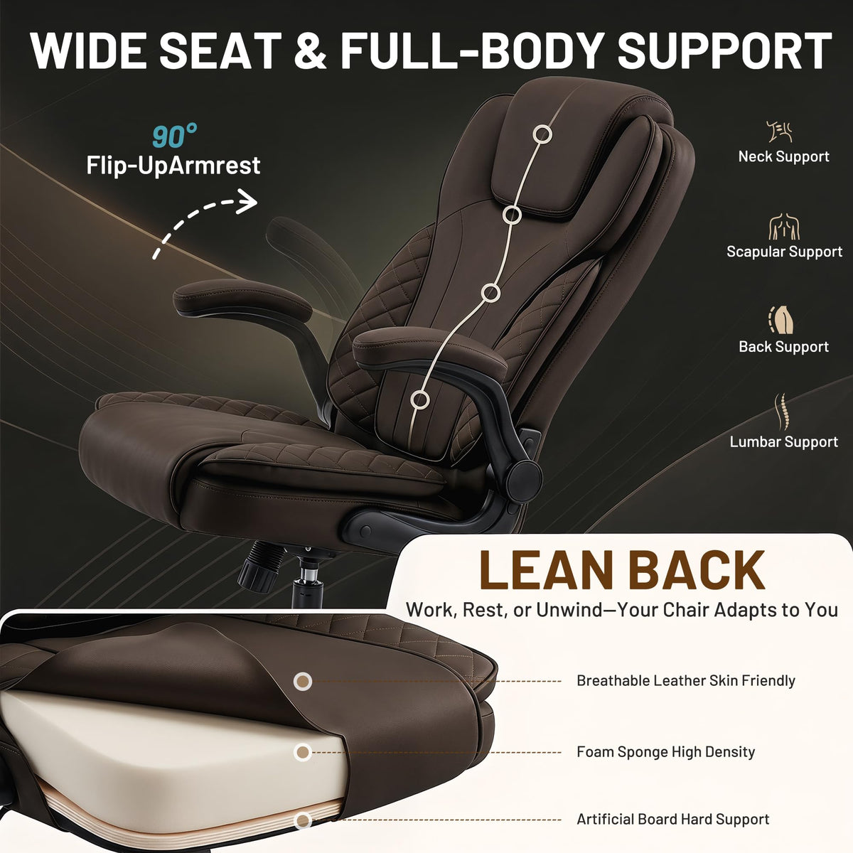 Ergonomic Office Chair, PU Leather High Back Executive Chair with Adjustable Inflatable Lumbar Support and Padded Flip-Up Arms, Recline Swivel Task Computer Chair for Home Office, Khaki