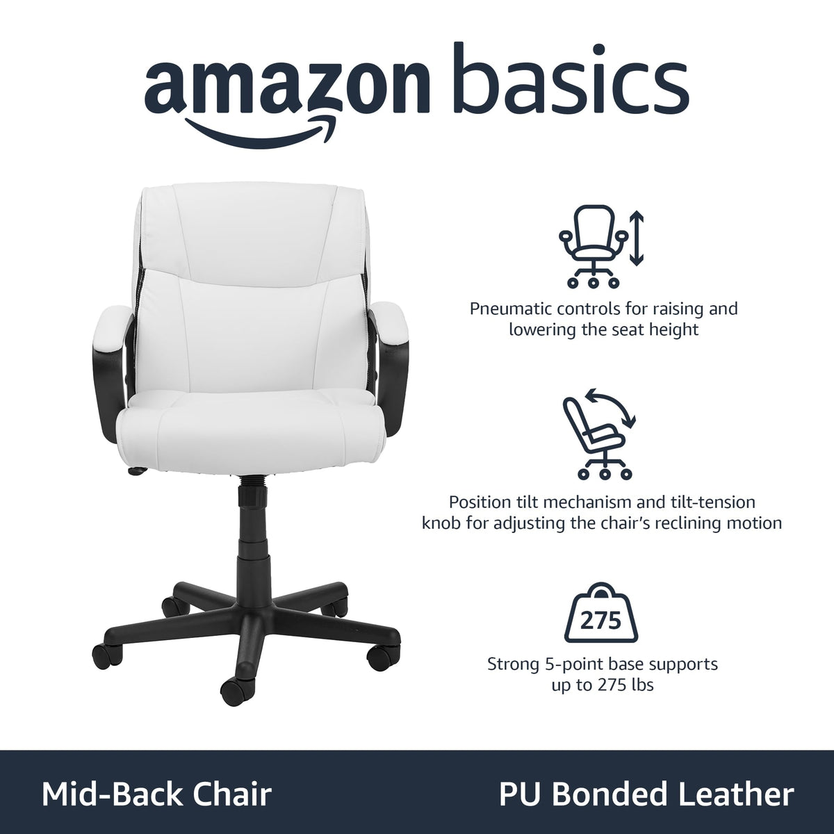 Amazon Basics Office Task Chair with Adjustable Height, 360° Swivel, Padded Armrests, Mid-Back, Rolling, 275 Pound Capacity, 24.2"D x 24"W x 34.8"H, Black Faux Leather