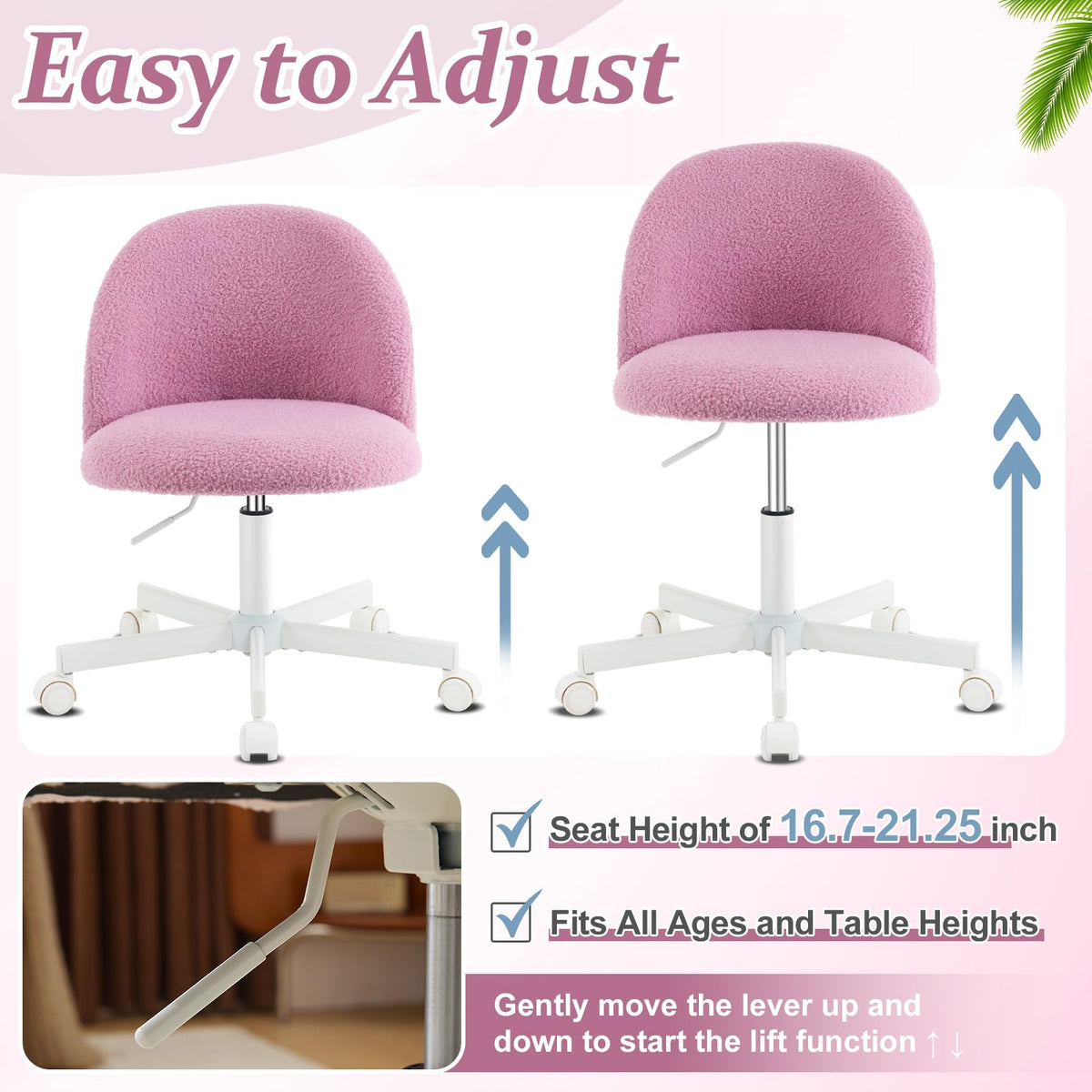 VINGLI Cute Candy Chair Armless Comfy Small Office Desk Vanity Chair with Wheels & Lumbar Support,Teddy Adjustable Rolling Swivel Computer Task Ch for Home Office,Bedroom,Gentle Pink