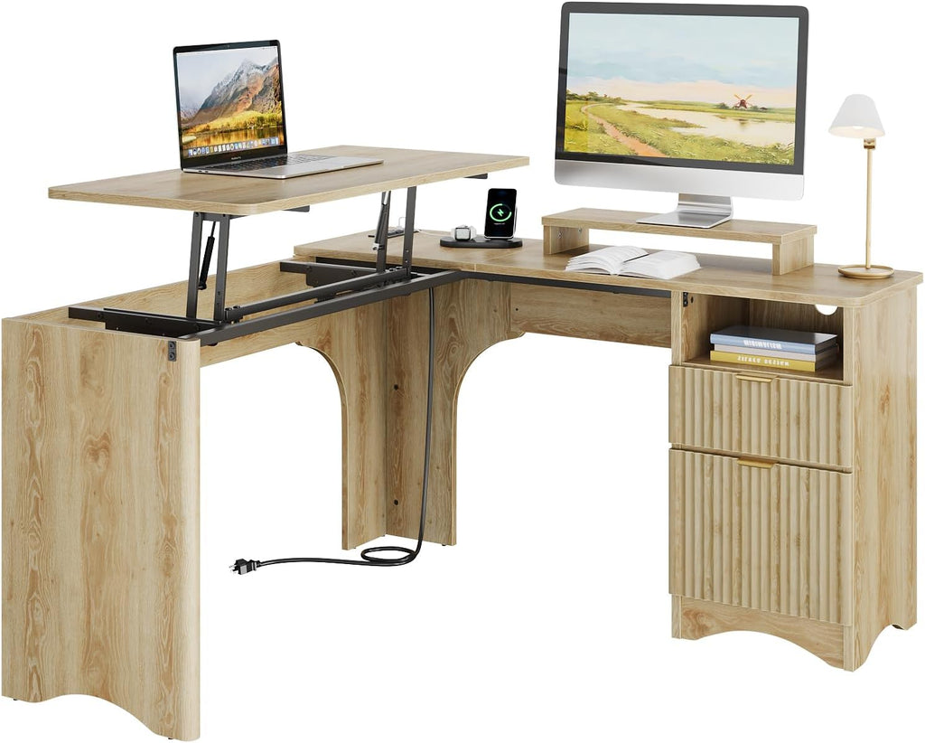 Bestier: 55" L-Shaped Student Study Desk with Manual Lift Top, USB Charging & File Drawer