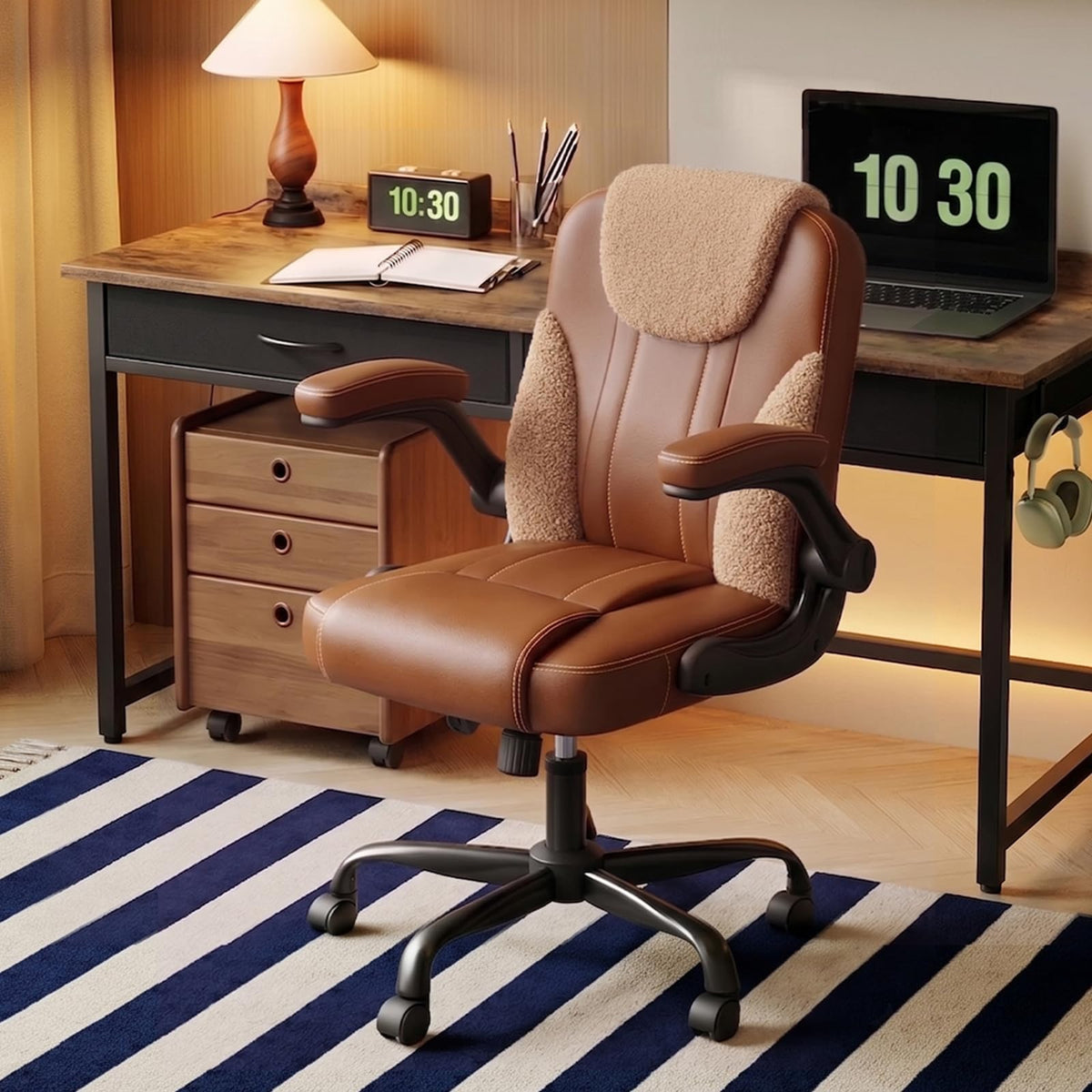 PU Leather Mid-Back Office Chair, Flip-Up Arms, 3.5" Dual-Layer Cushion