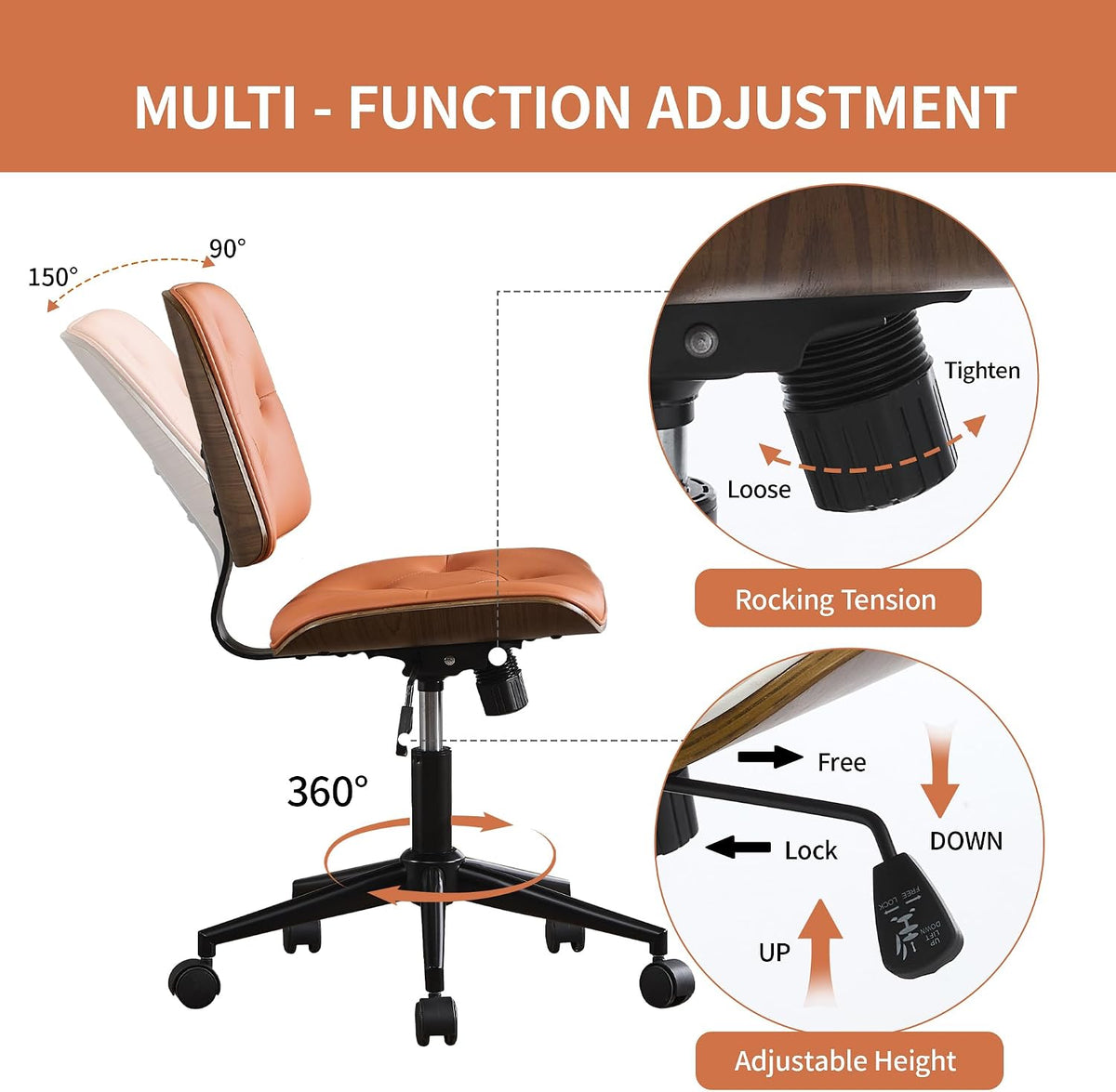 VipDesk Small Home Office Chair - Armless Mid Back Desk Chair with 360° Swivel and Wheels, PU Upholstered Height Adjustable Modern Walnut Computer Chair for Home, Office Meeting Room - Orange
