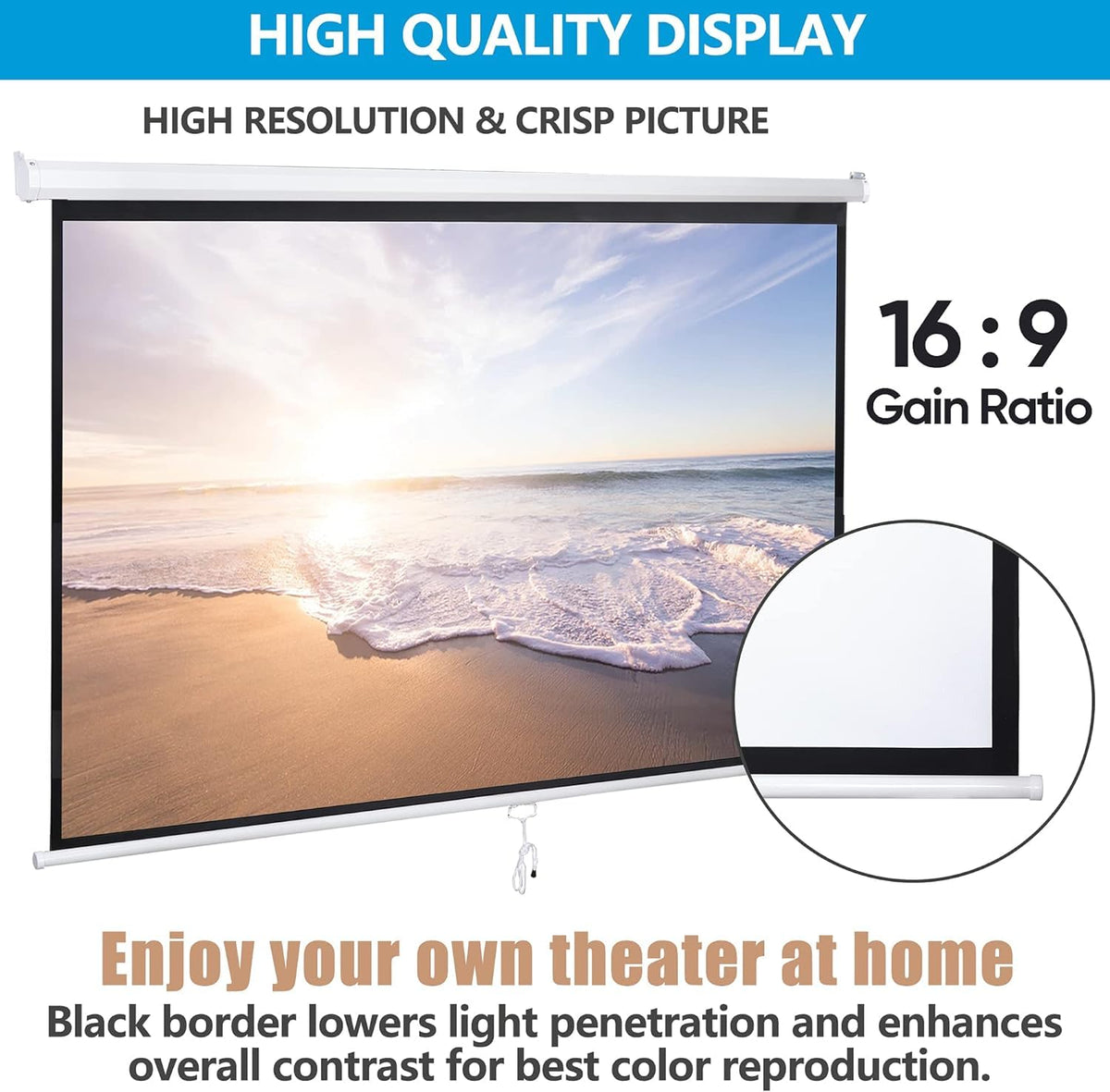 80 Inch Projection Screen, Outdoor Indoor 16:9 HD Foldable Manual Pull Down Projector Screen for Movie Home Backyard Theater Cinema Office Video Game, White