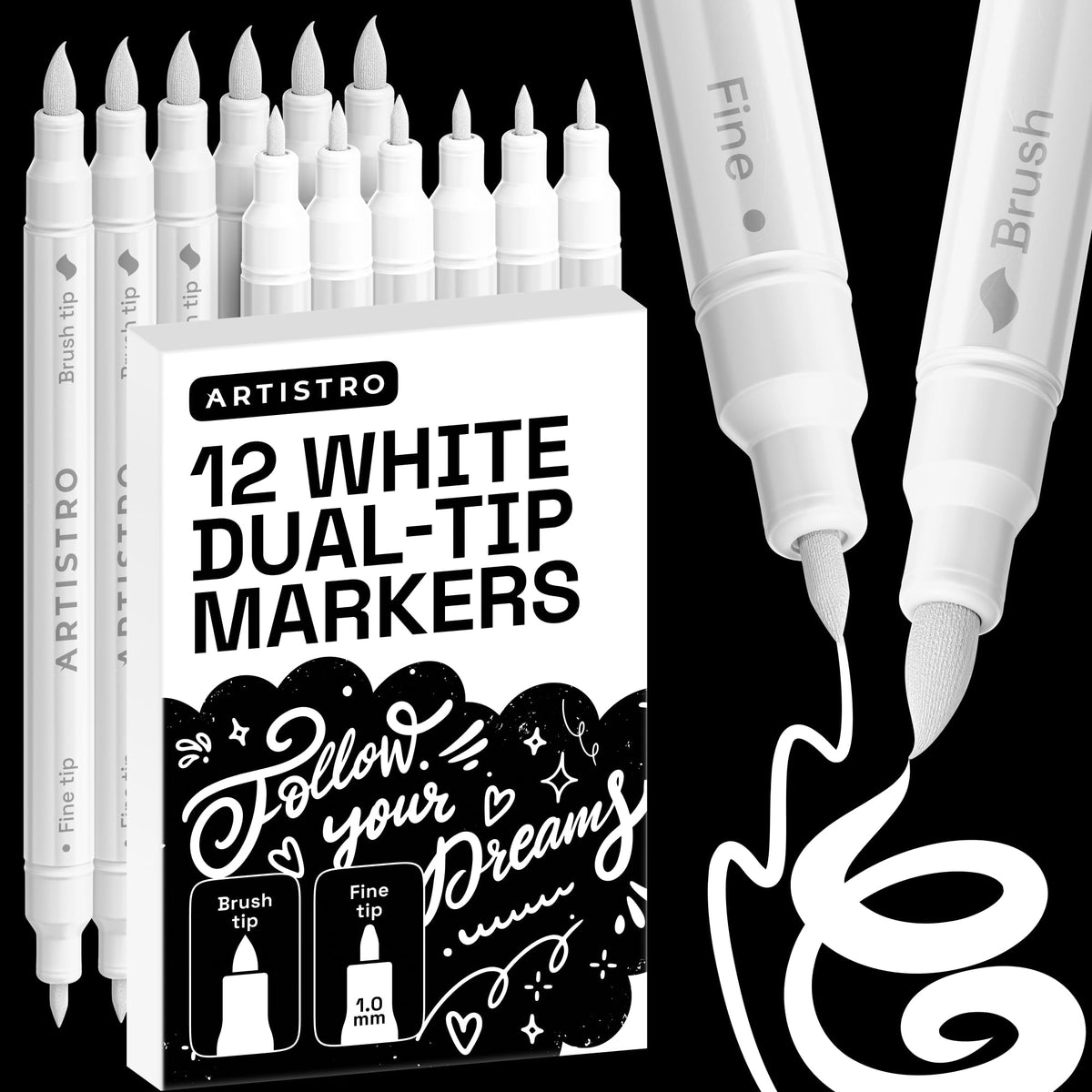 ARTISTRO Dual-Tip Acrylic Paint Markers – 1mm Fine & 1–5mm Brush Tip | ASTM D4236 Safe, Multi-Surface