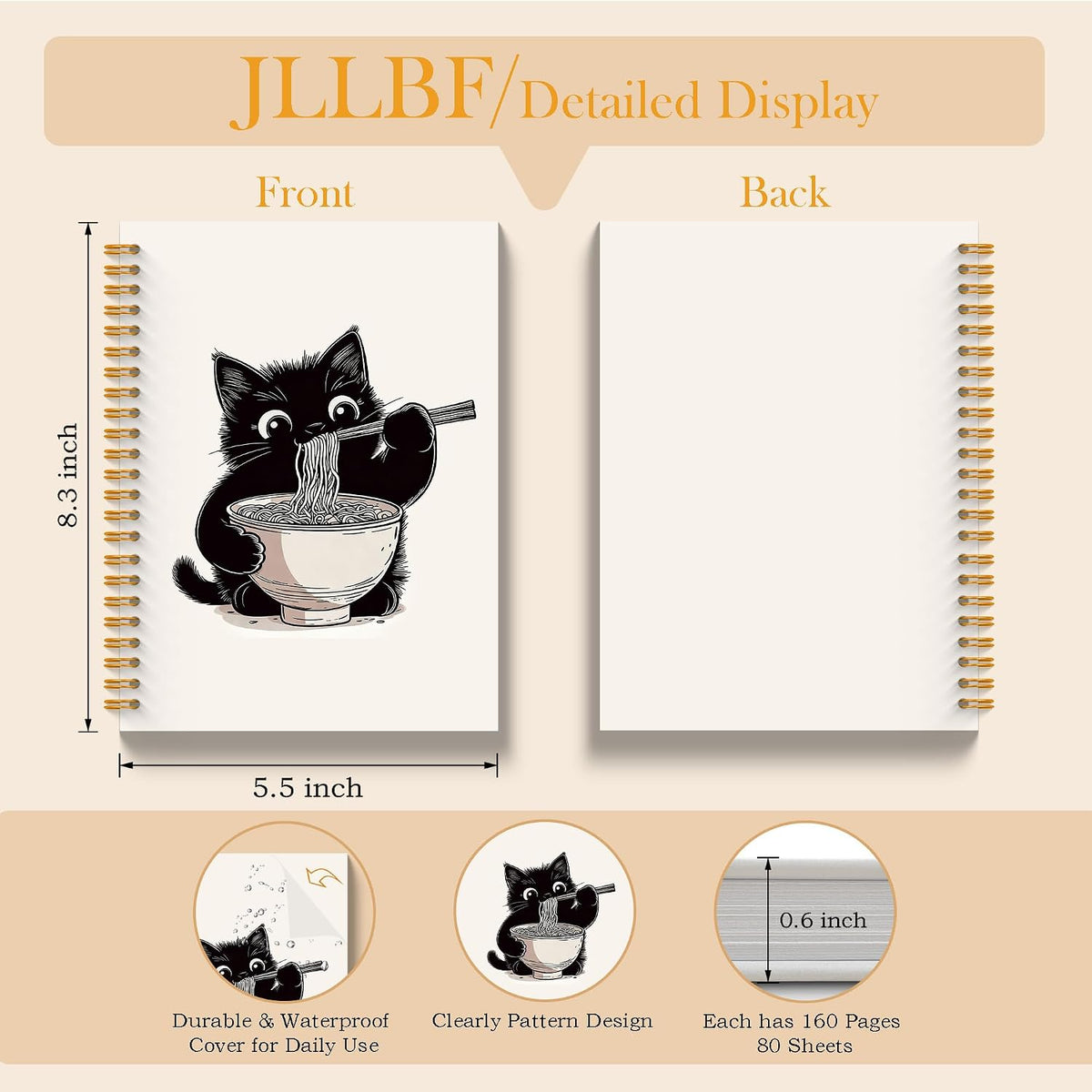Cute Black Cat Spiral Notebook, Black Cats Lover Gifts Notebooks for Work, Cat Office Supplies, Japanese Noodle Kitty Journal Notebook, 5.5x8.3 Inch