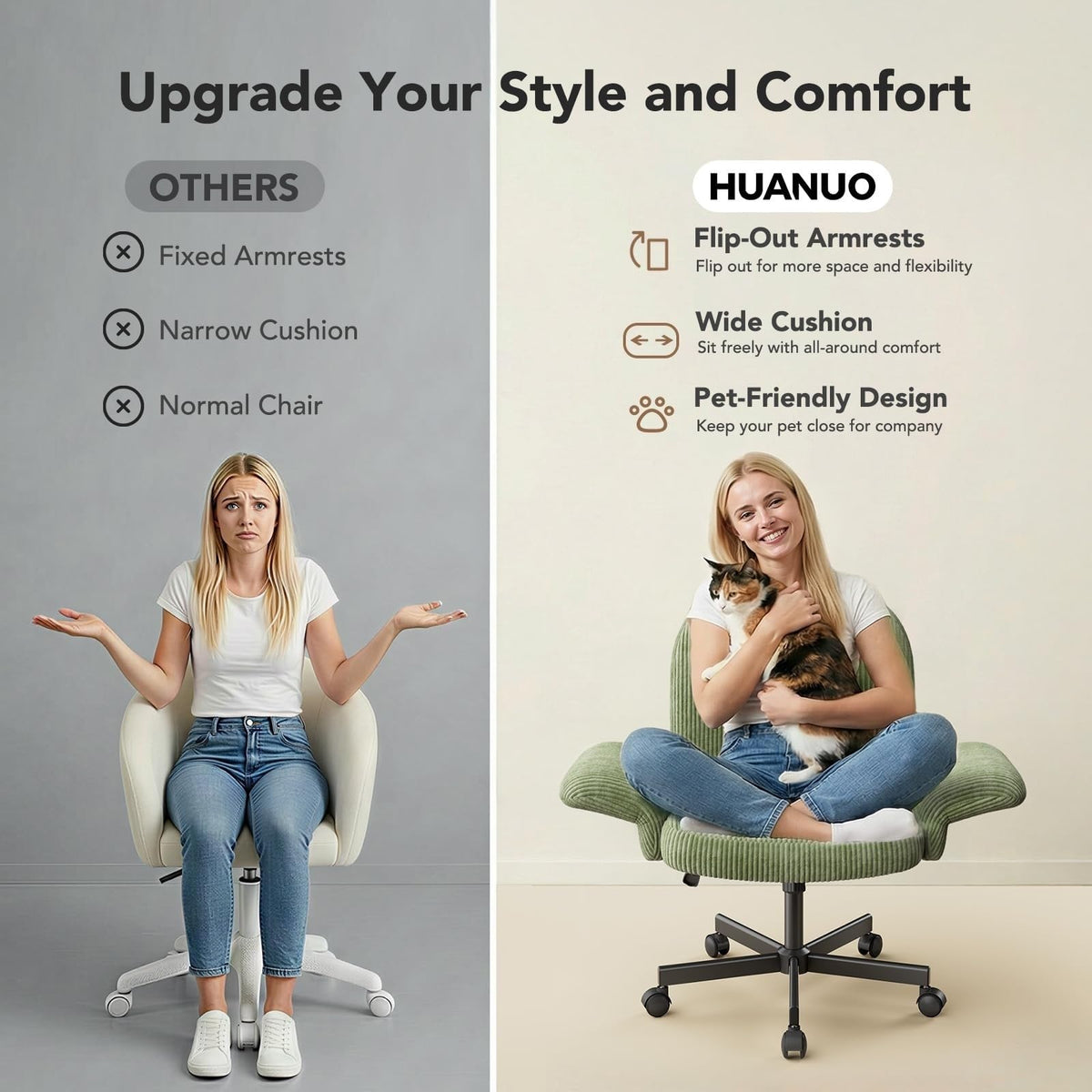 HUANUO Criss Cross Office Chair for Girls with Adjustable Armrests, White