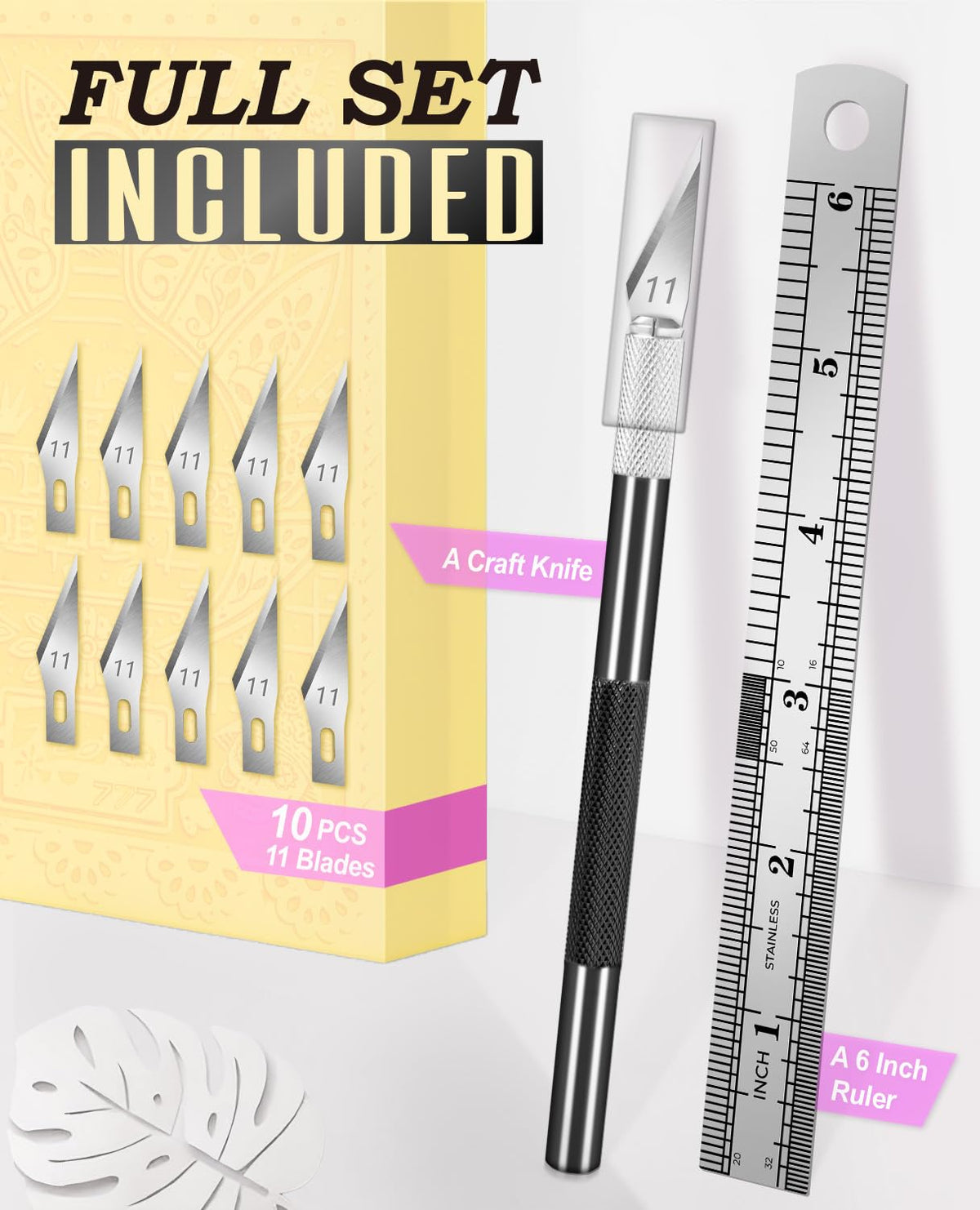 DIYSELF Craft Hobby Knife Set with 10 Extra #11 Blades, 6-Inch Metal Ruler