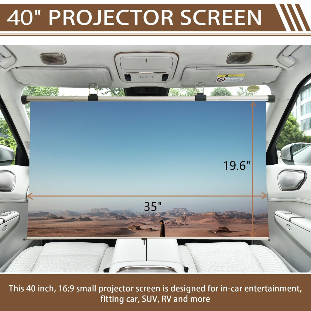 Projector Screen Small for Car, 40 inch 16:9, 4K HD, Portable Projection Screen Retractable, Manual Pull Down and Roll Up Mini Screen, Fitting Car, SUV, RV and More (Manual Rolling)