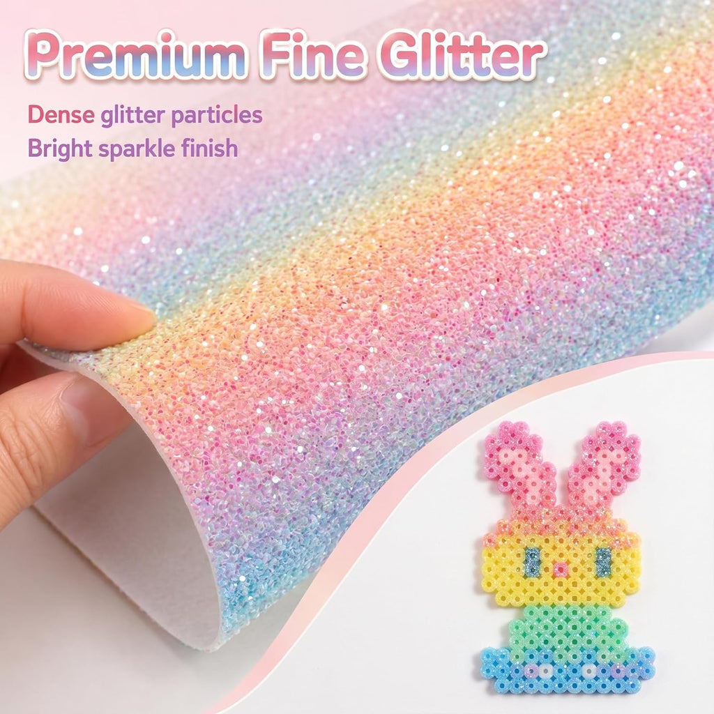 6PCS Fuse Beads Glitter Fabric Ironing Paper, 7.87 x 5.91 Inch Fuse Chunky Fabric Ironing Paper Reusable Chunky Sparkle IronPaper with PU Leather Easy to Iron Out Non-Porous for Bead Craft