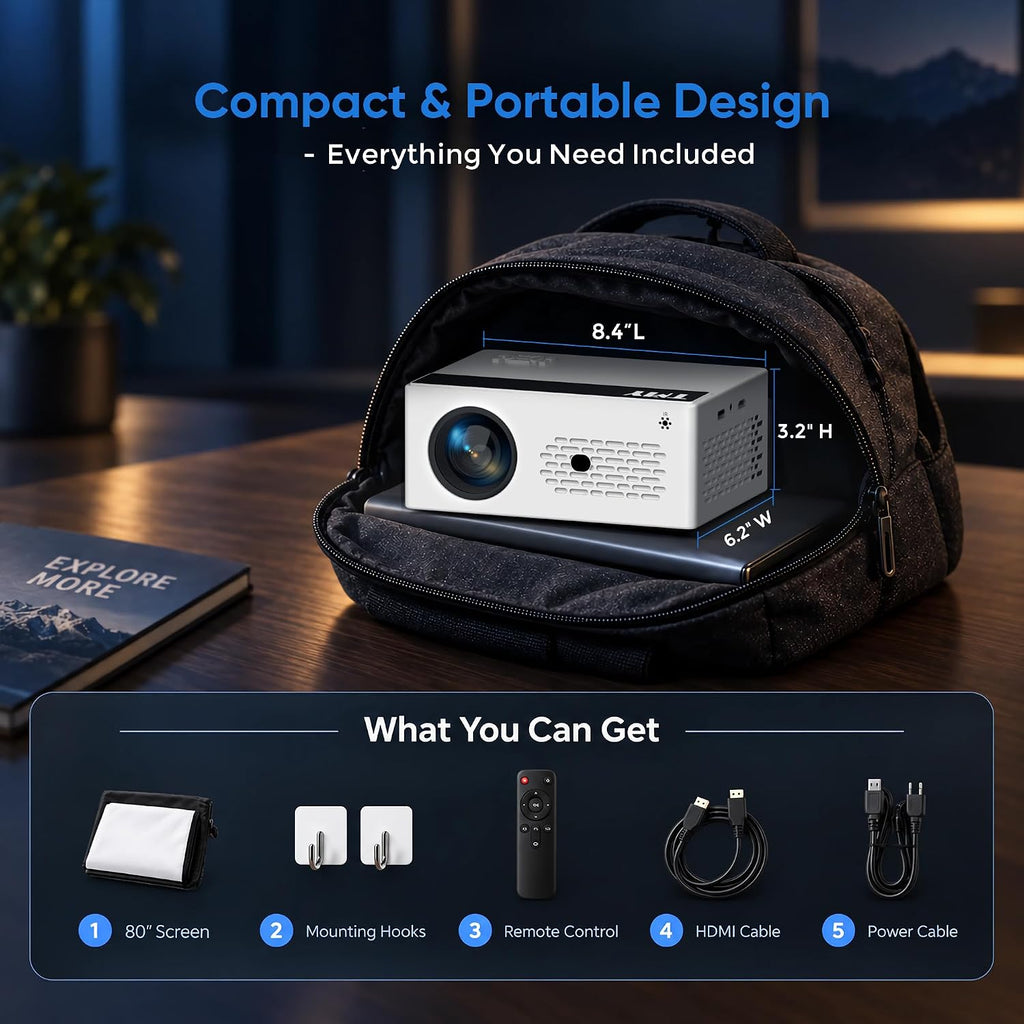TMY Native 1080P Mini Portable Projector, 2-way Bluetooth, with 80in Screen