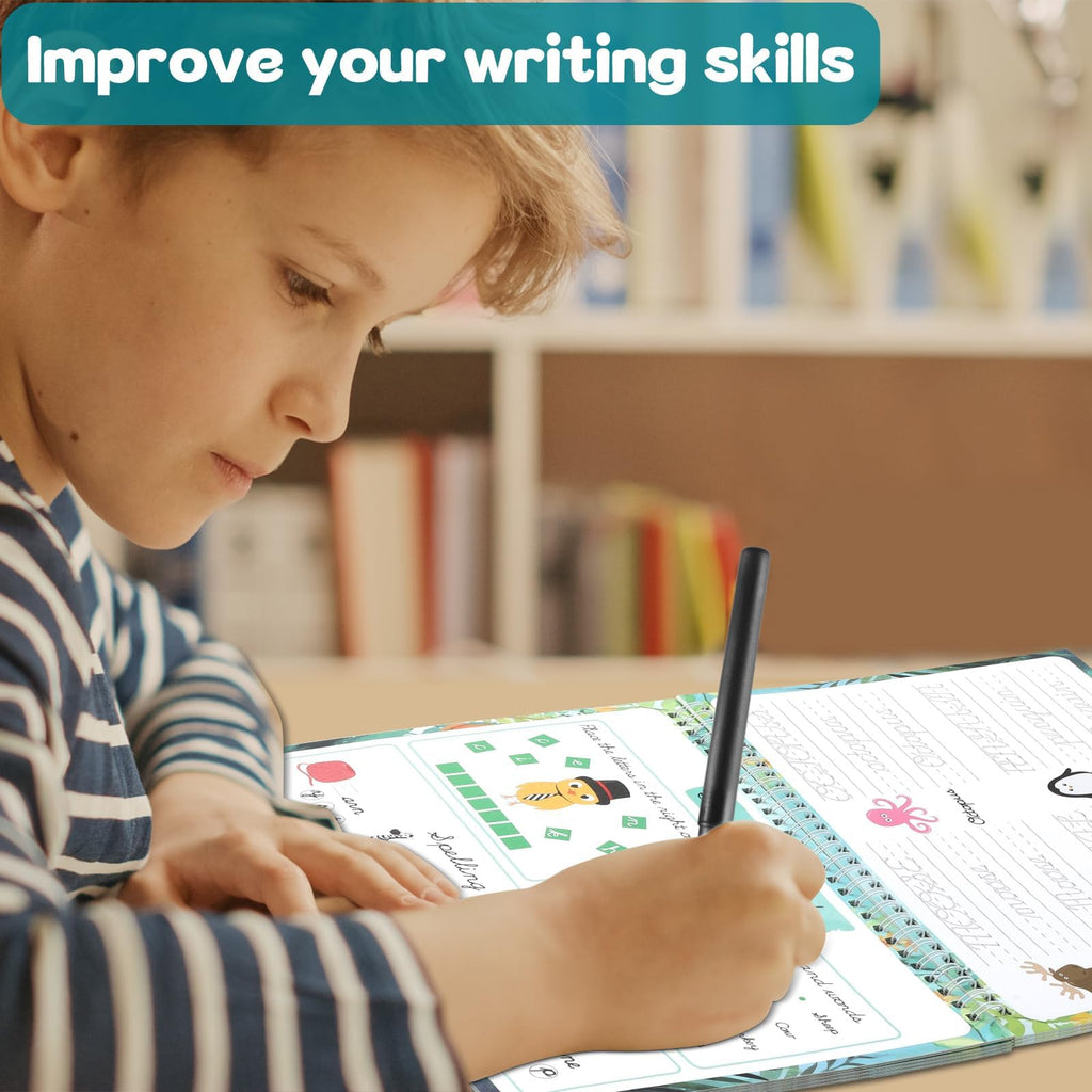 Grooved Cursive Handwriting Workbook Magic Reusable Grooved Cursive Handwriting Practice Guided Tracing with Disappearing Ink Pens for Beginners Kids Learning Activities Supplies (Letters)