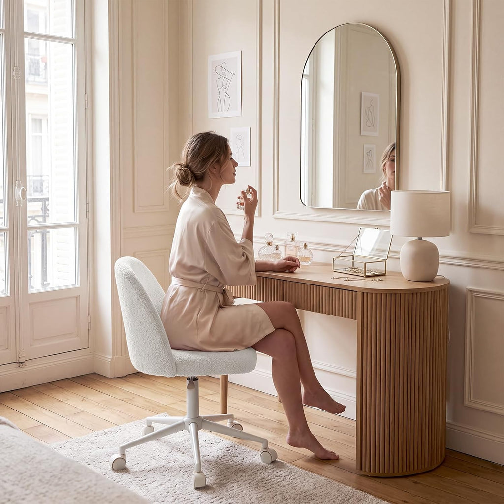 White Vanity Chair with Wheels＆Back, Armless Cute Desk Chair