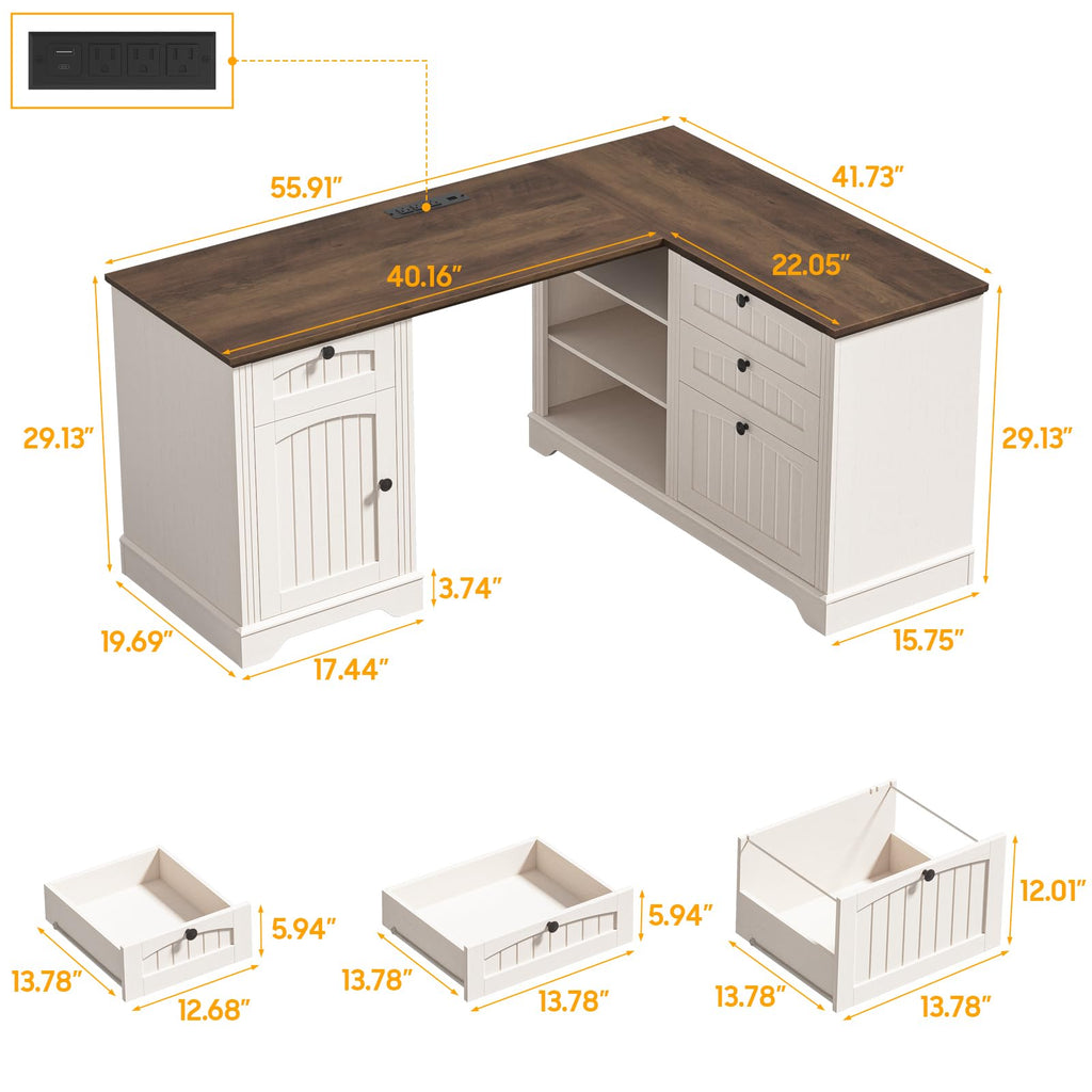 Vabches 51" Executive Desk Farmhouse Home Office Desk with Charging Station, LED Light, File Drawer, Storage Cabinet, Monitor Stand, Wood Computer Desk with Hutch for Work Study Writing (White)