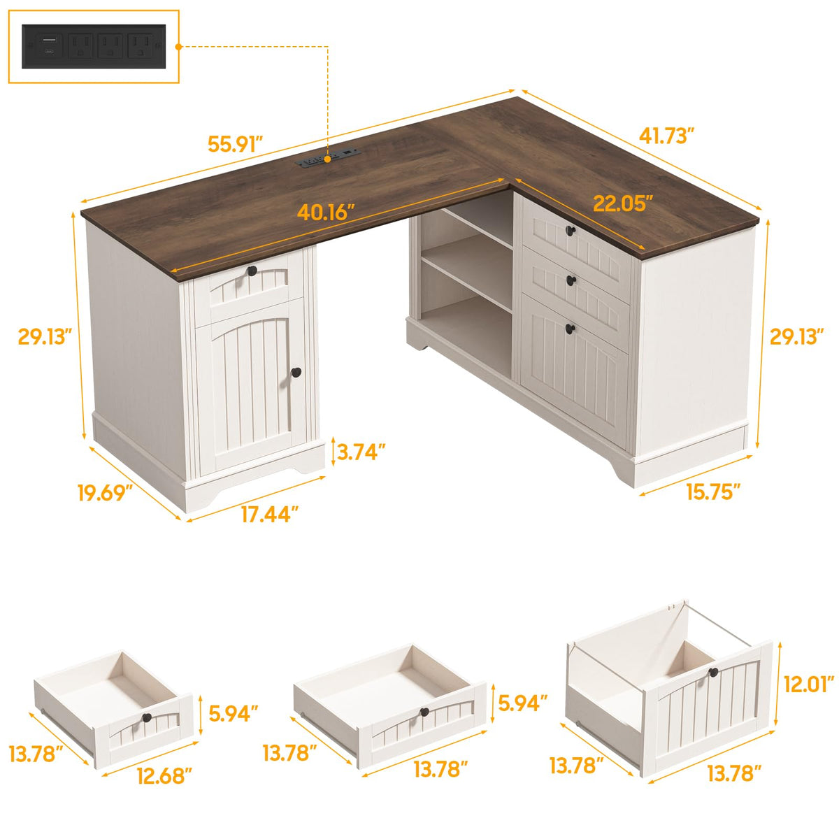 Vabches 51" Executive Desk Farmhouse Home Office Desk with Charging Station, LED Light, File Drawer, Storage Cabinet, Monitor Stand, Wood Computer Desk with Hutch for Work Study Writing (White)