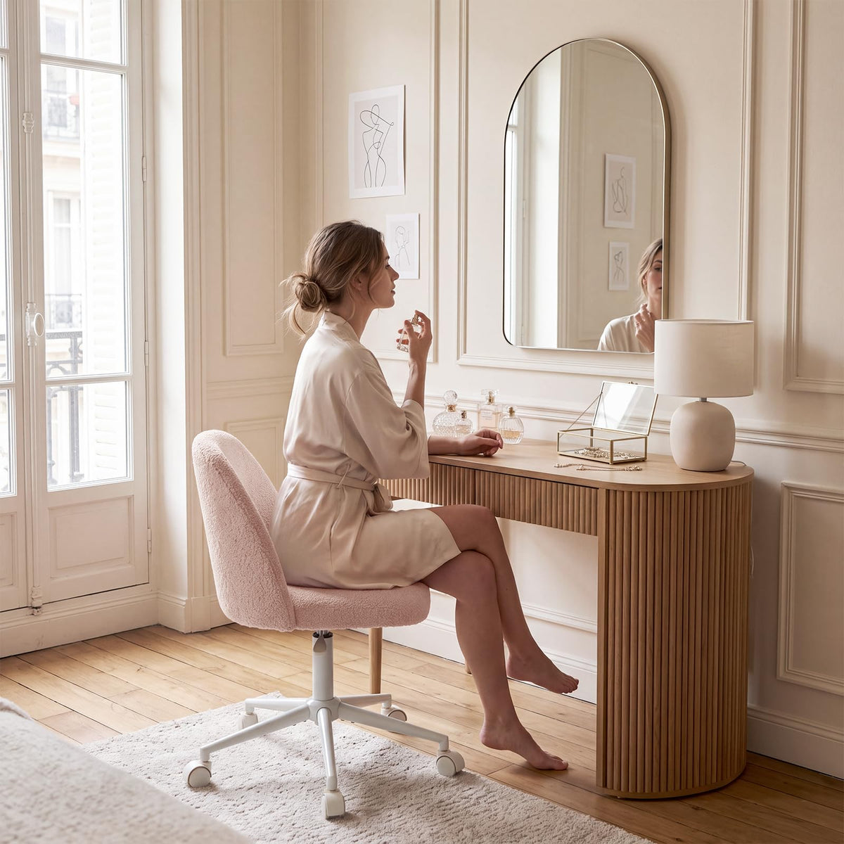 White Vanity Chair with Wheels＆Back, Armless Cute Desk Chair