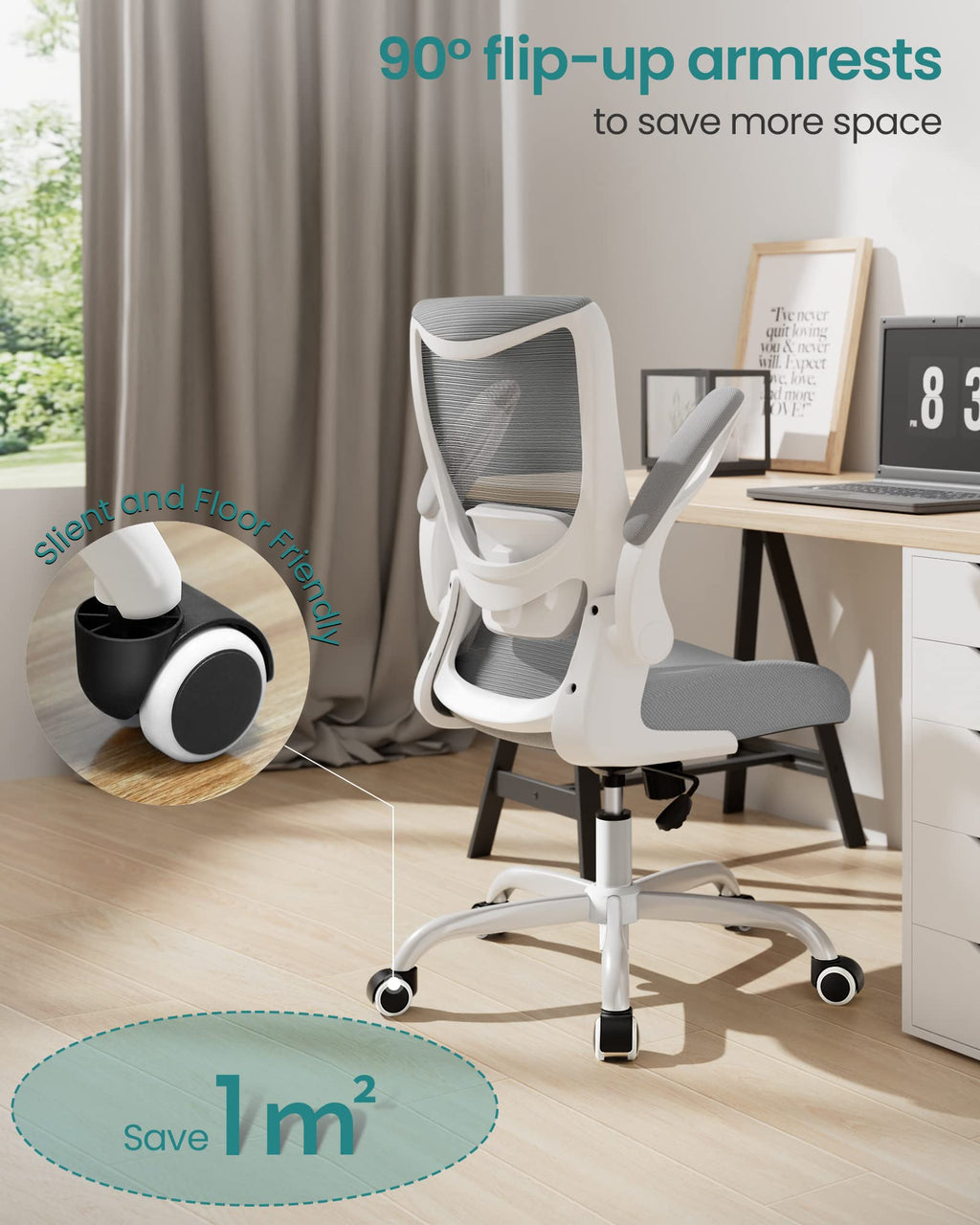 MUXX.STIL Office Chair, Ergonomic Desk Chair with Adjustable Lumbar Support and Flip up Armrest, Breathable Mesh Computer Chair for Home Office, Khaki